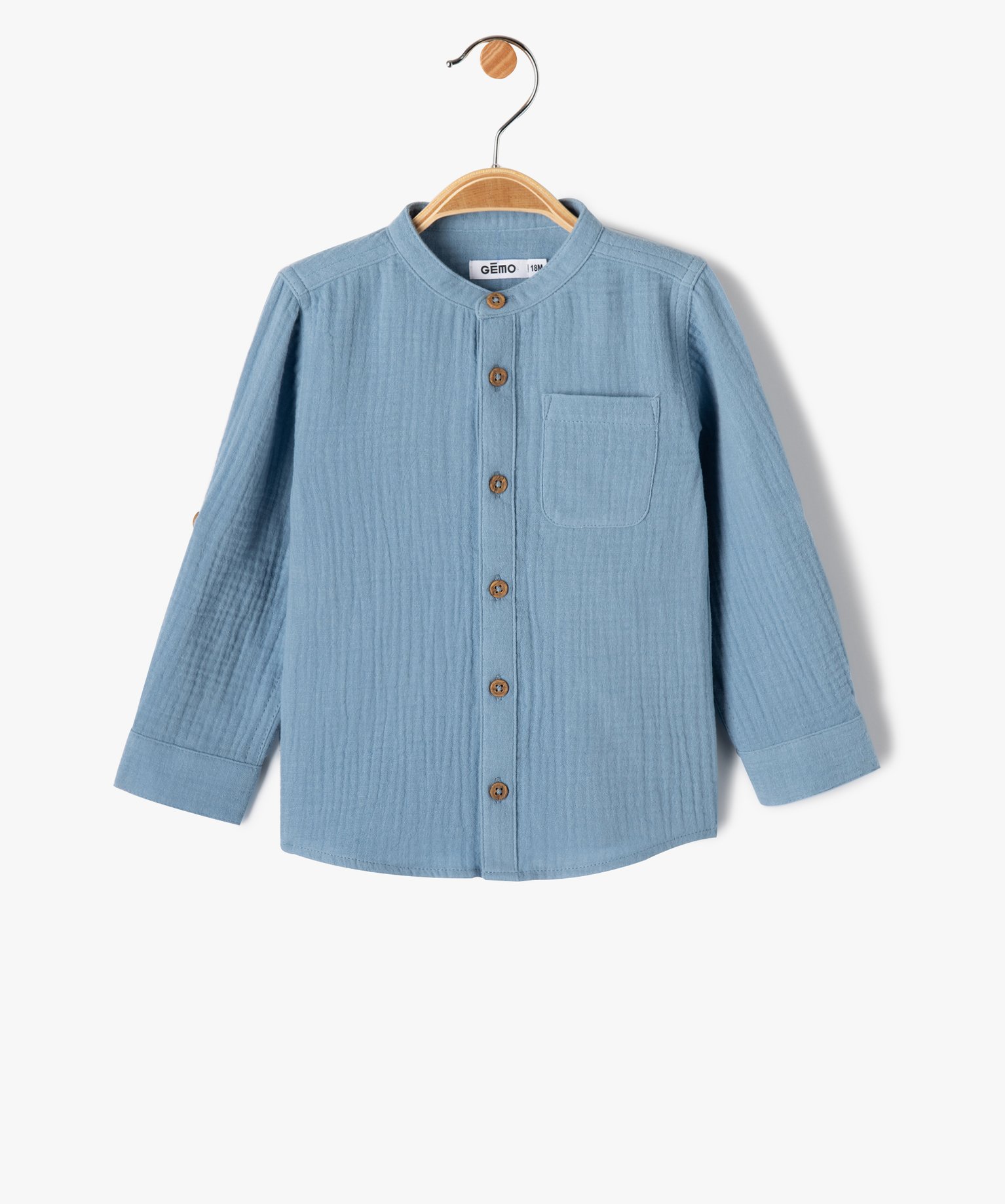 Chemise bébé Garçon à manches longues en double gaze bleu | GEMO