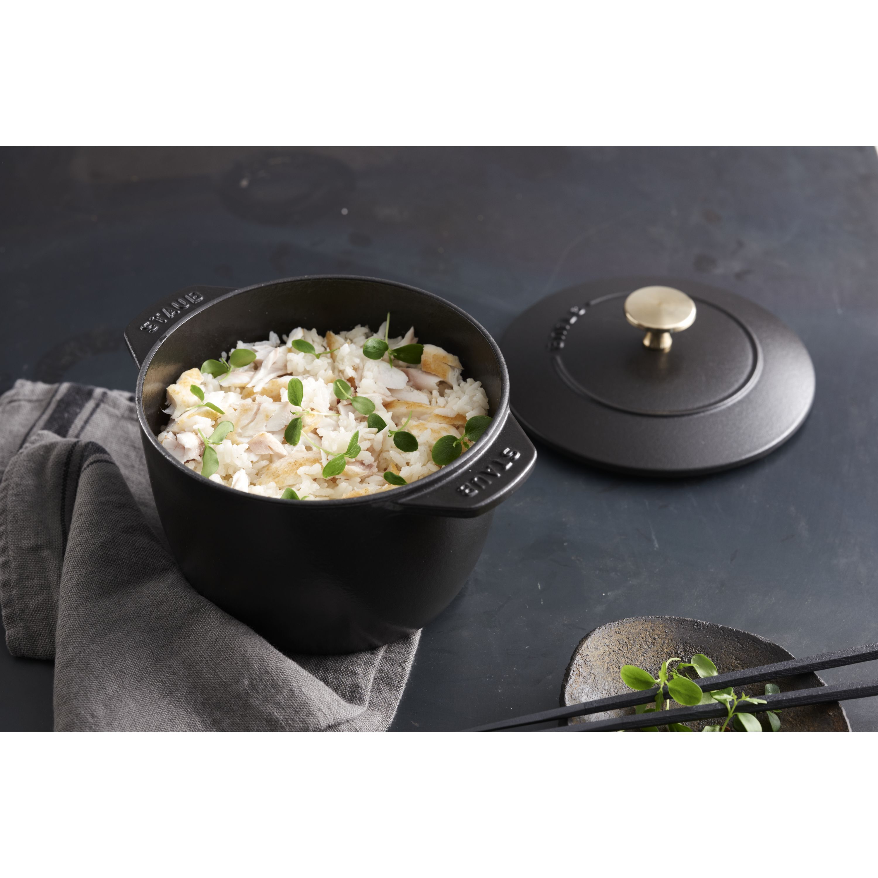 Reis-Cocotte 16 cm, rund, Schwarz, Gusseisen