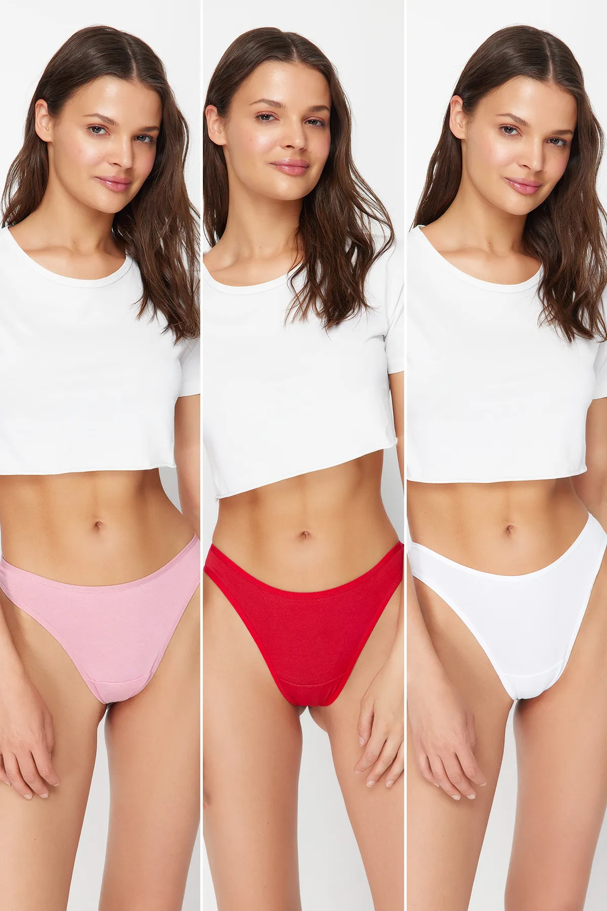 Trendyol Collection  Weiß-Rot-Rosa 3er-Pack Baumwoll-Strickhöschen im Tanga-Stil THMSS21KU0135