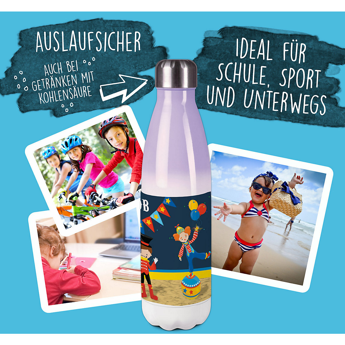 Edelstahl Kinder Thermoflasche / Trinkflasche bunt Circus Spülmaschinenfest, Auslaufsicher, Bruchfest, Doppelwandig, Für Heißgetränke geeignet, Mit Deckel, Isoliert