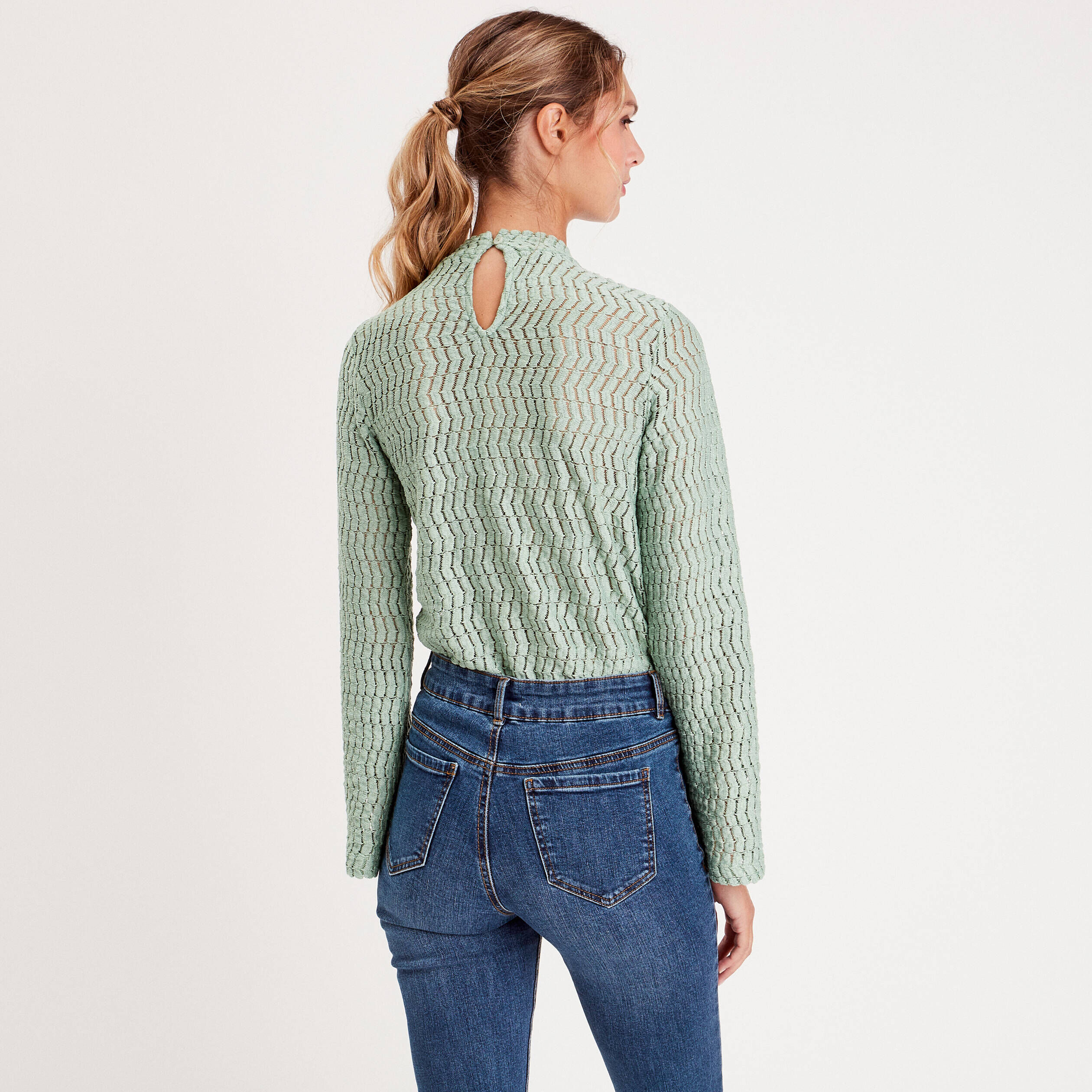 T-shirt ajouré col montant vert pastel femme | Cache Cache