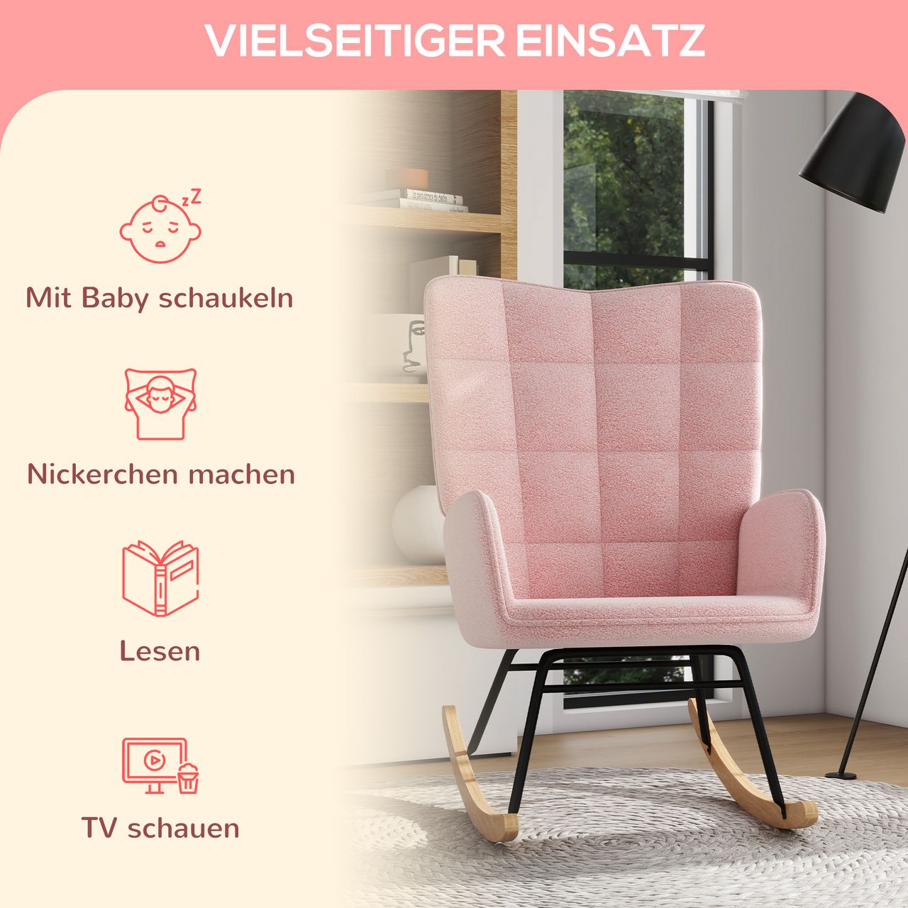 HOMCOM Schaukelstuhl Schwingsessel Akzentstuhl bis 120 kg, Polyester, Rosa