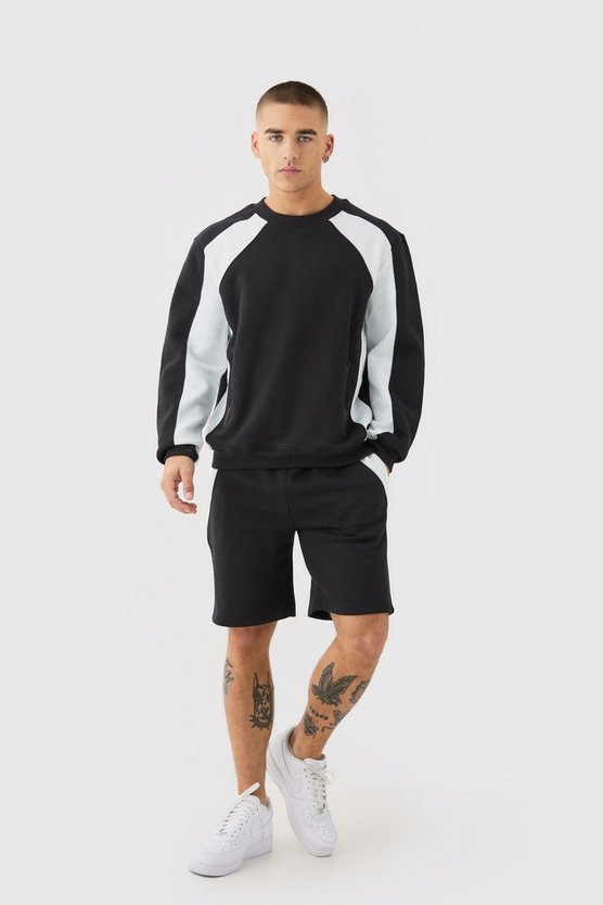Kurzer Colorblock Sweatshirt-Trainingsanzug mit Reißverschluss-Detail