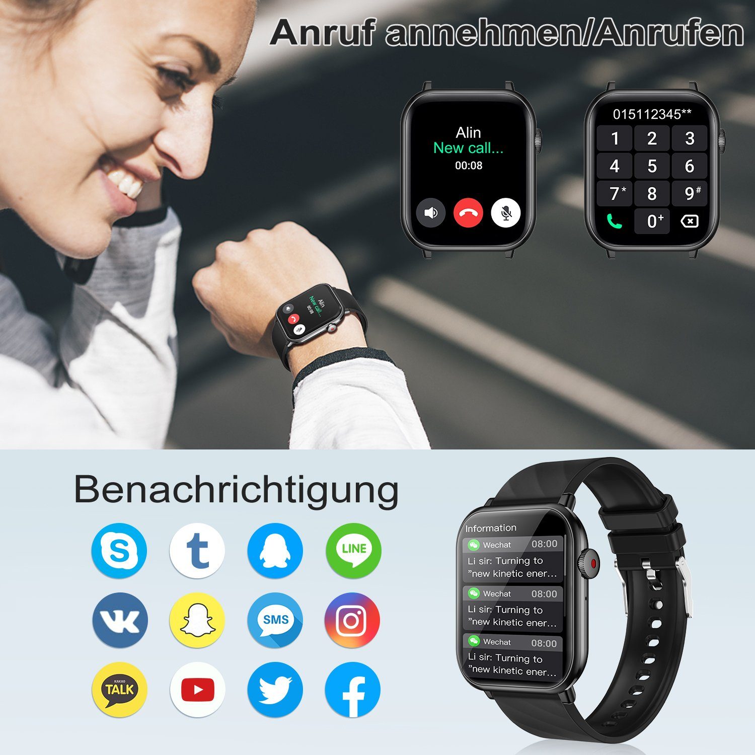 walkbee Smartwatch,Fitness Tracker Uhr für Damen Herren mit Telefonfunktion Smartwatch (5 cm/1.96 Zoll Full-Touch Zoll) IP67 Wasserdicht Fitness Uhr, 4 Austauschbare Armbänder, Fitness Tracker mit Schrittzähler, Pulsmesser, Frauengesundheit,Schlaftra