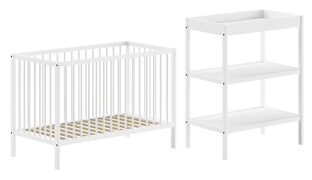 VIPACK Vipack - DINO Baby Set best. aus Babybett und Wickelregal, Buche massiv weiß lackiert