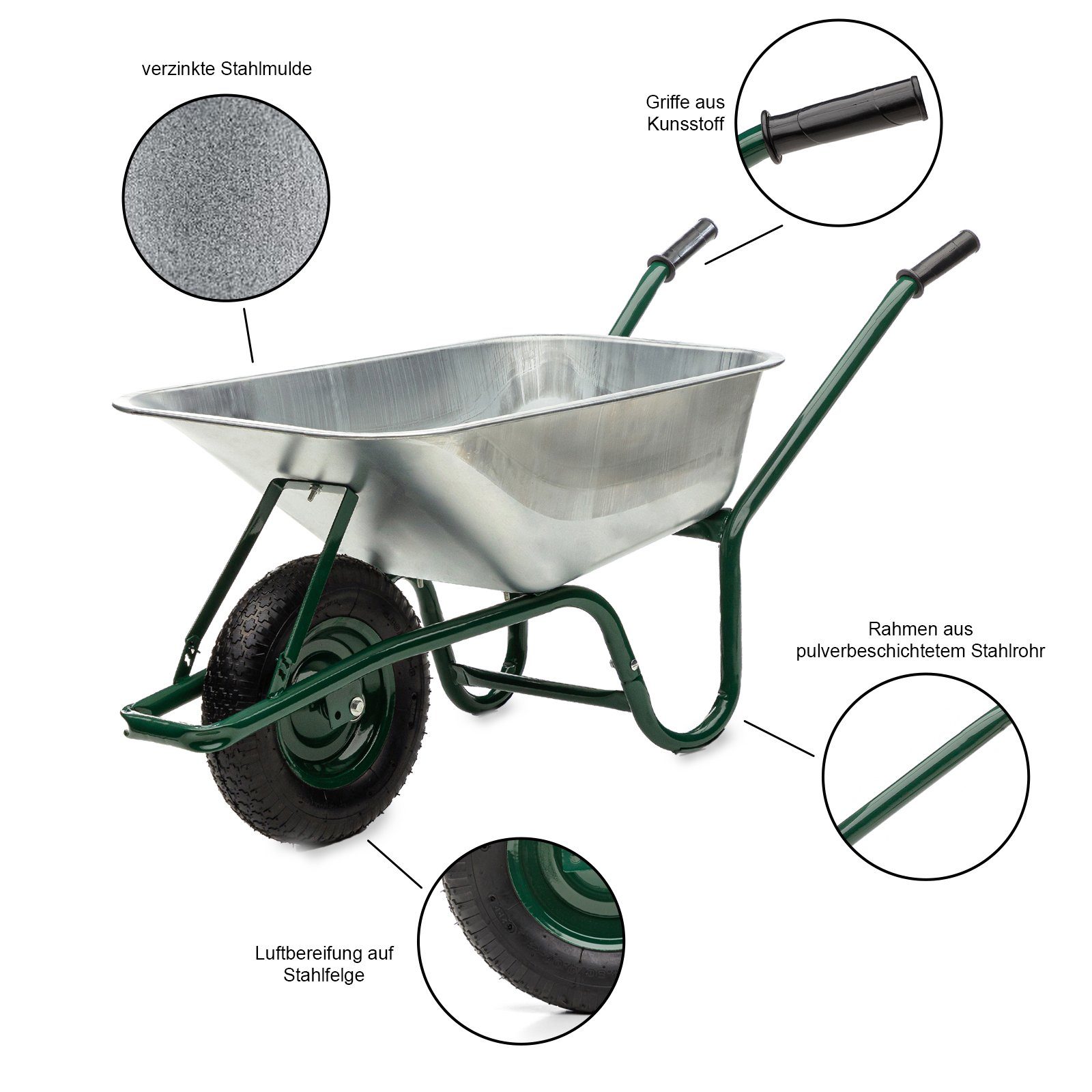 Midori Schubkarre, Gartenkarre 100 L Fassungsvermögen max. Traglast 210 kg Transportkarre verzinkte Wanne Stahlrahmen