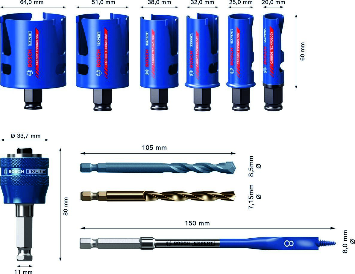 Set carotă Bosch Blue Accessories 2608900490 Expert Construction Material 20/25/32/38/51/64 mm, 10 piese