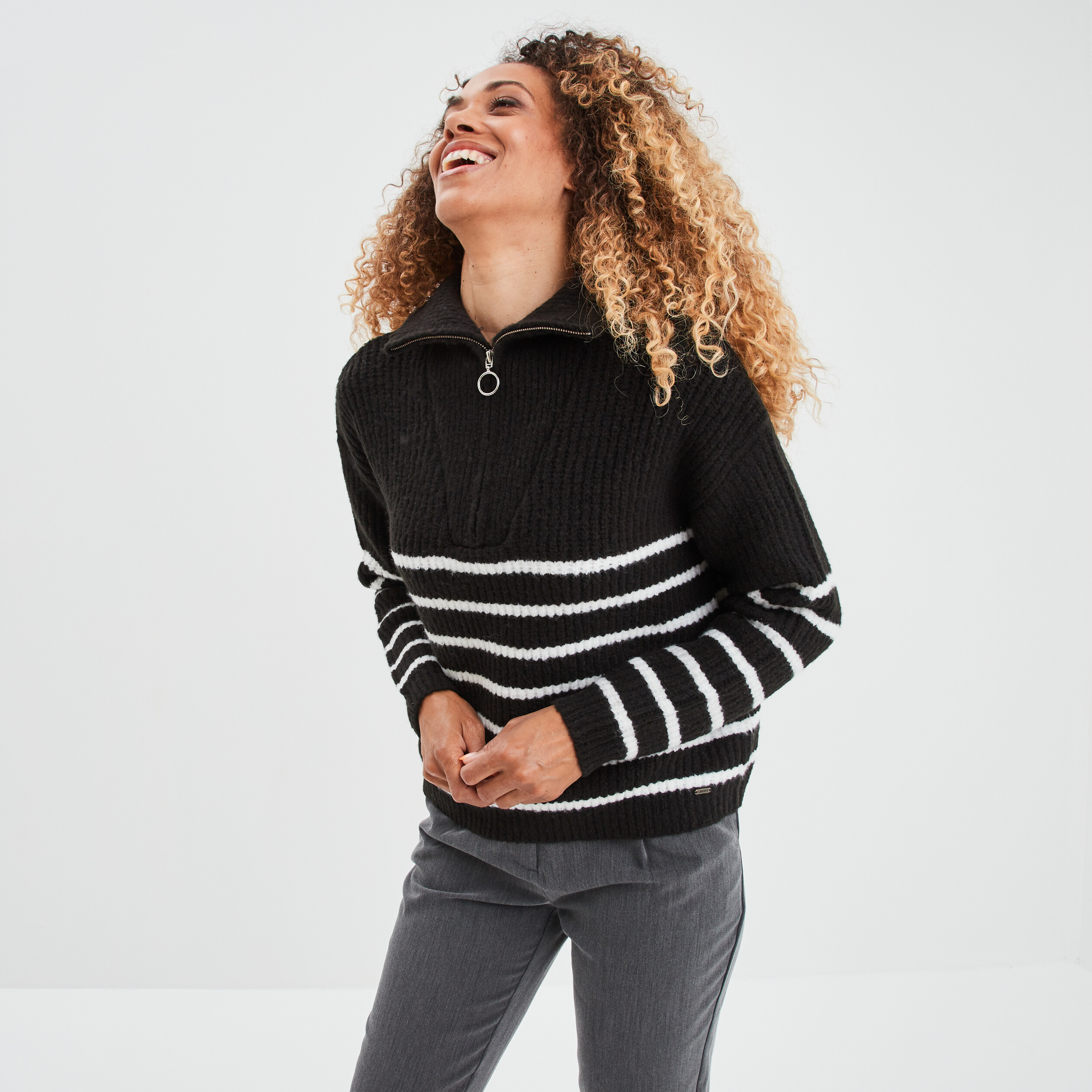 Pull col camionneur zippé ecru femme | La Halle