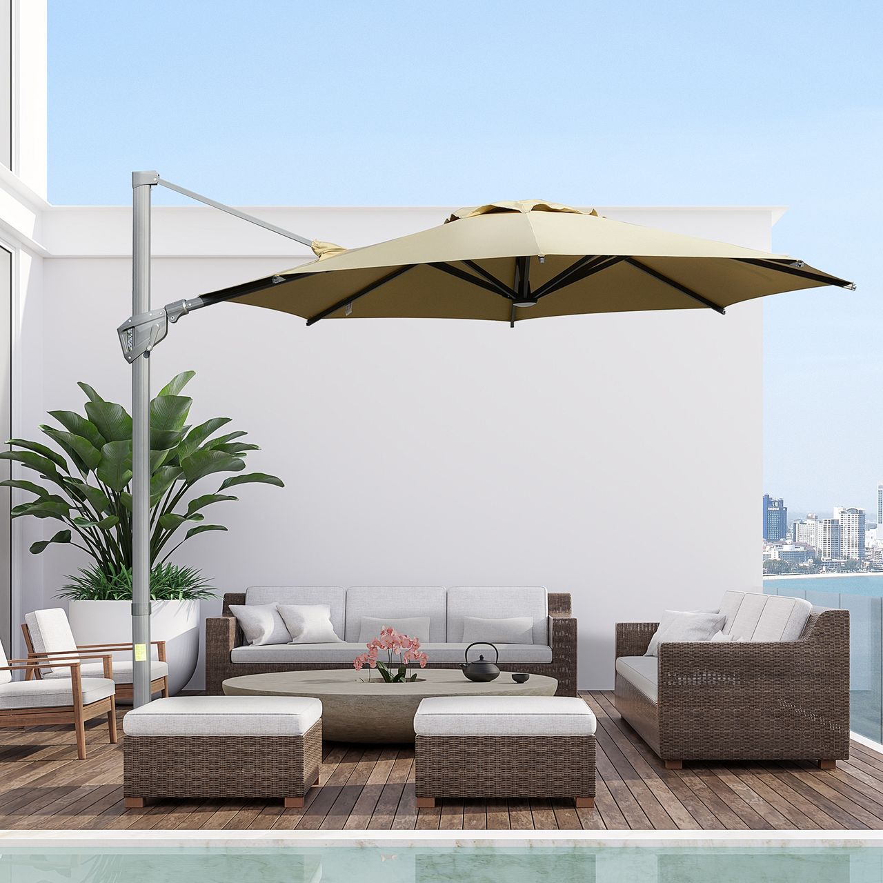 Outsunny Sonnenschirm Ø298 cm Kurbelschirm Ampelschirm Winkel verstellbar Khaki