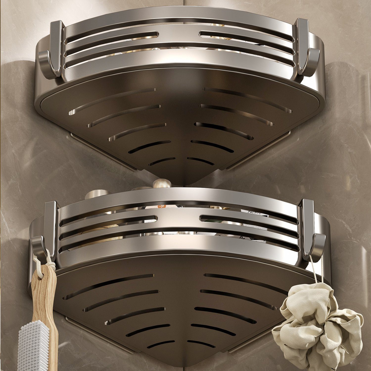 Directin Duschkorb 2-Stück Eckregal ohne Bohren aus rostfreiem Aluminium für die Dusche (Set, mit 4 Klebeflächen und 4 Haken, für Bäder Küchen Duschgel), Badezimmer Duschablage Selbstklebendes Oder Bohren