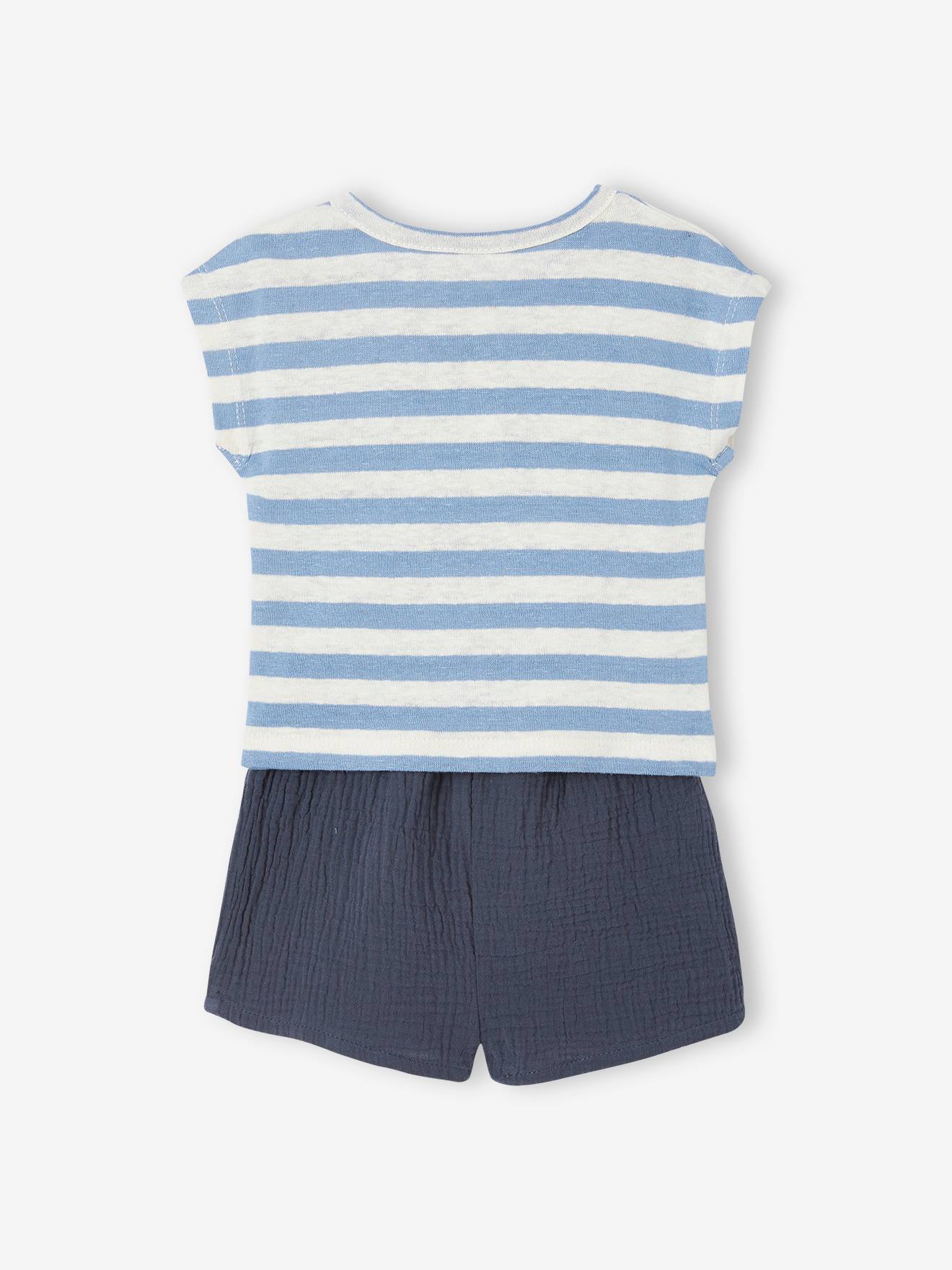 Ensemble bébé T-shirt rayé et short uni caramel