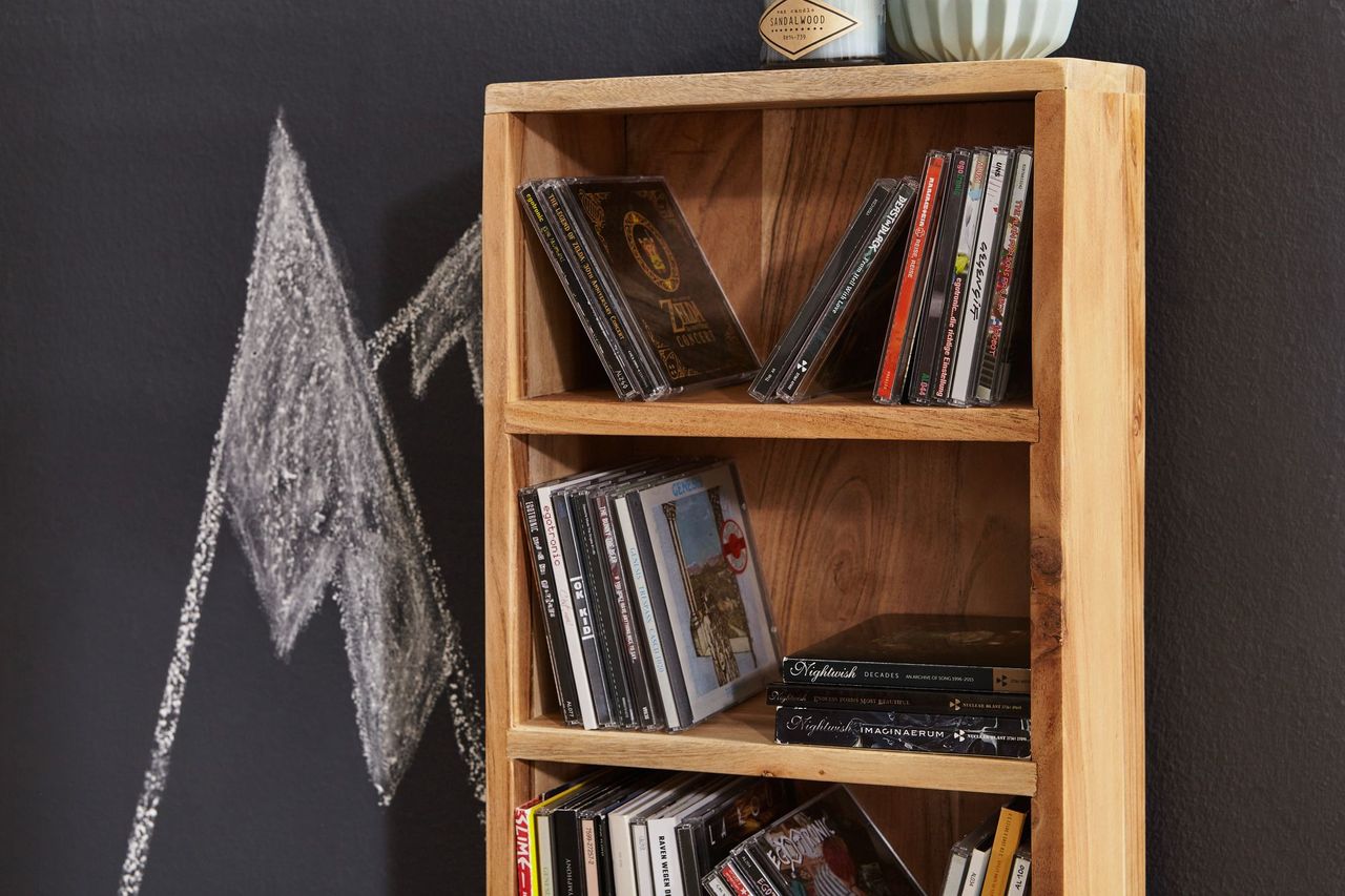 Wohnling CD Regal Massivholz Akazie Standregal 90 cm hoch CD-Aufbewahrung 5 Fächer Bücherregal natur Landhaus-Stil