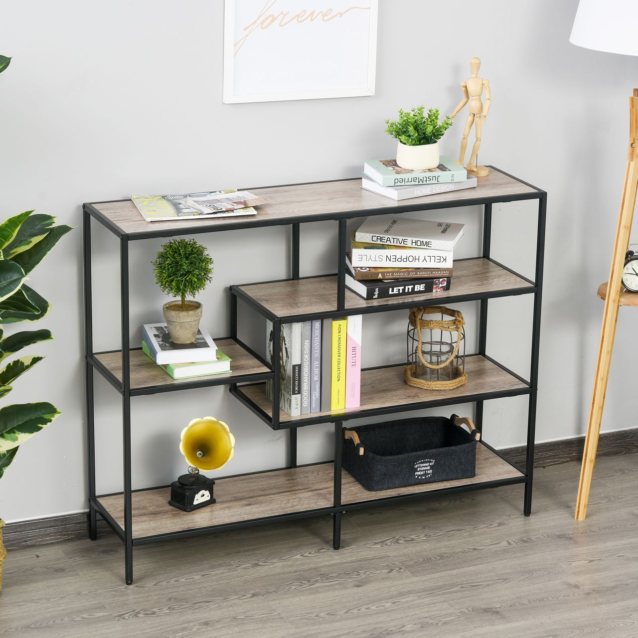 HOMCOM Standregal, Bücherregal Lagerregal Industrieller Stil, Aktenregal, Küchenregal, P2 Spanplatte, Metall, Schwarz helle Eiche, 120 x 32 x 95 cm