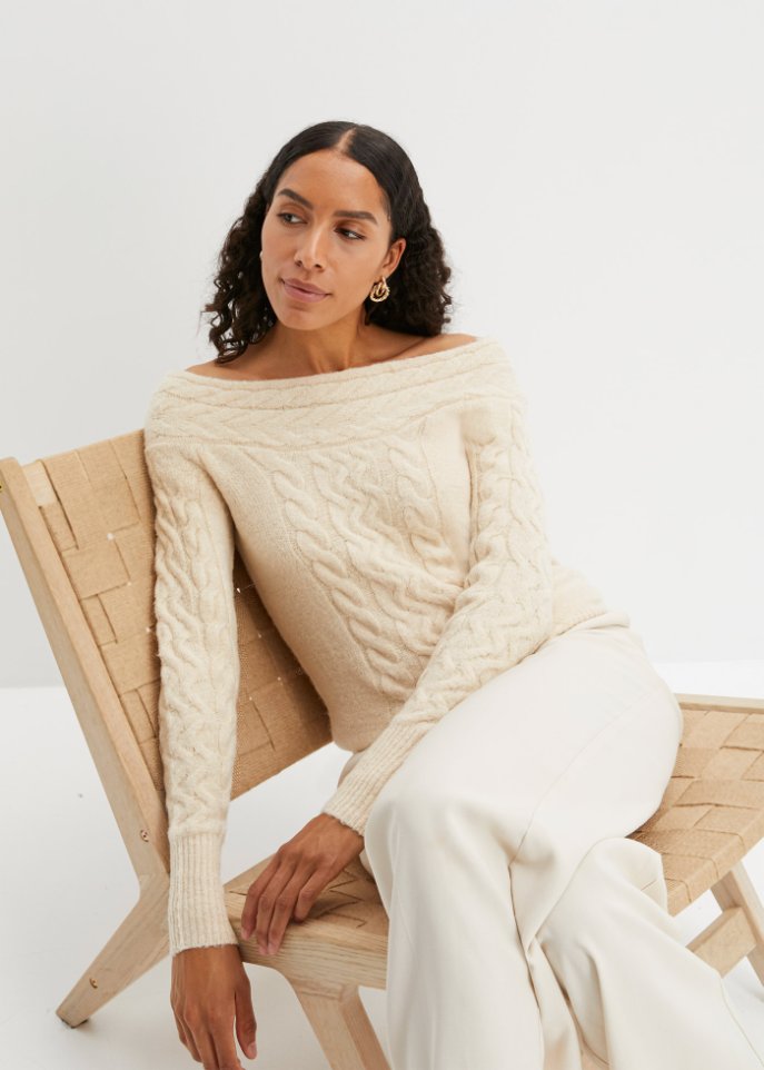 Carmen-Pullover mit Zopfmuster