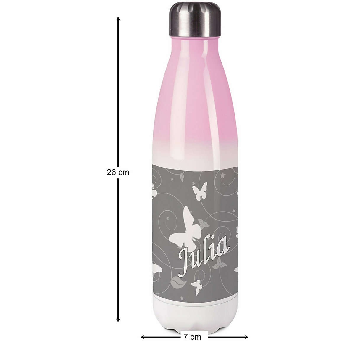 Edelstahl Kinder Thermoflasche / Trinkflasche bunt Schmetterling Ornamente Farbe grau Spülmaschinenfest, Auslaufsicher, Bruchfest, Doppelwandig, Für Heißgetränke geeignet, Mit Deckel, Isoliert