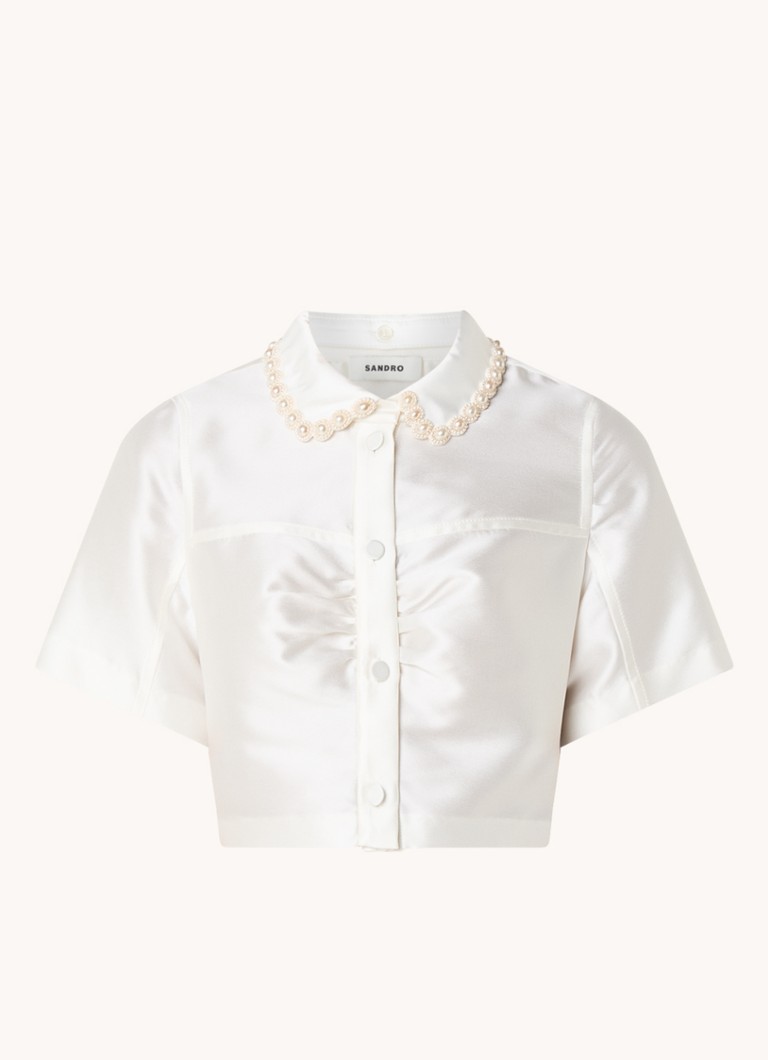 Blusa cropped Sandro em mistura de seda com detalhes em miçangas.