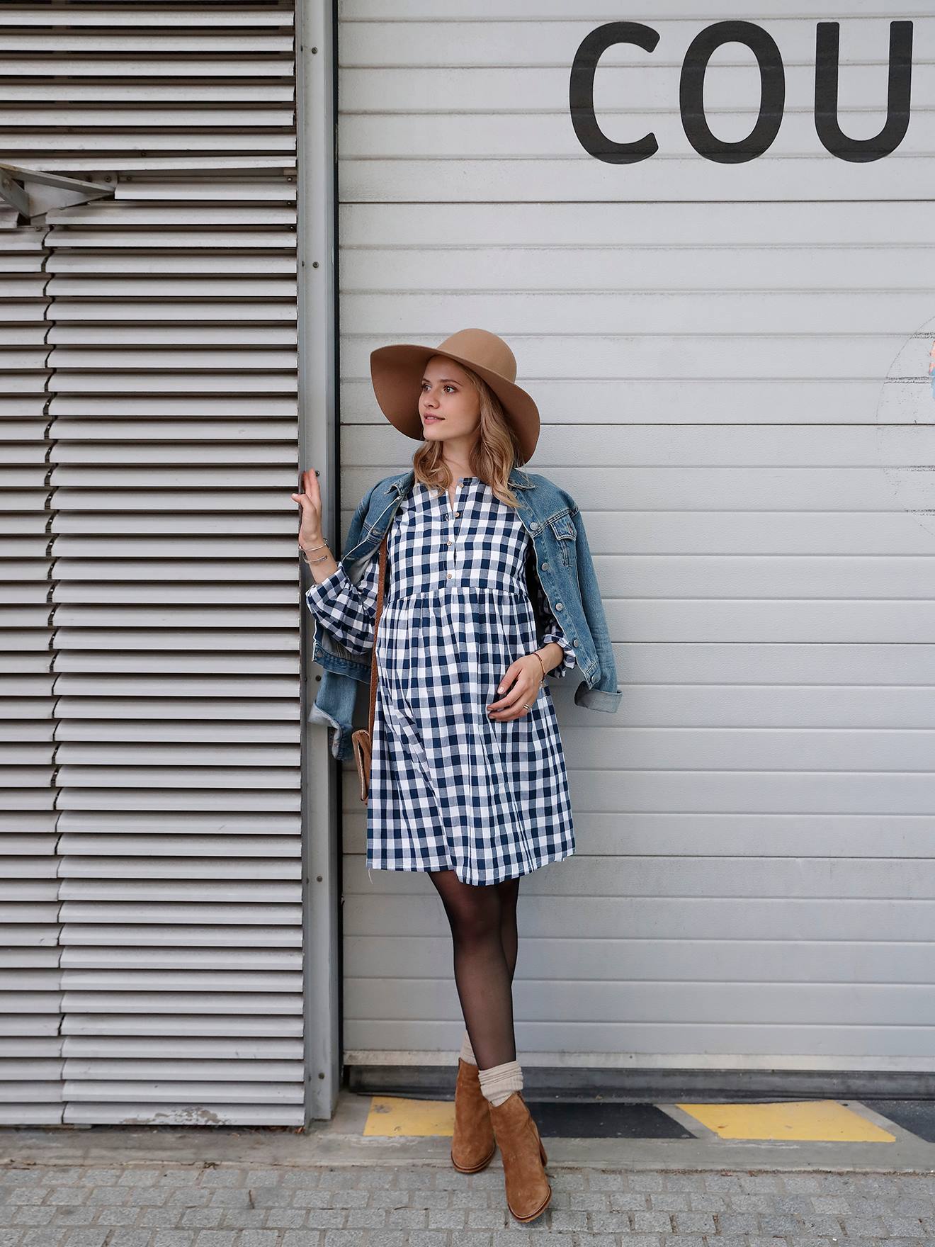 Robe de grossesse et d'allaitement carreaux tissés carreau bleu/blanc