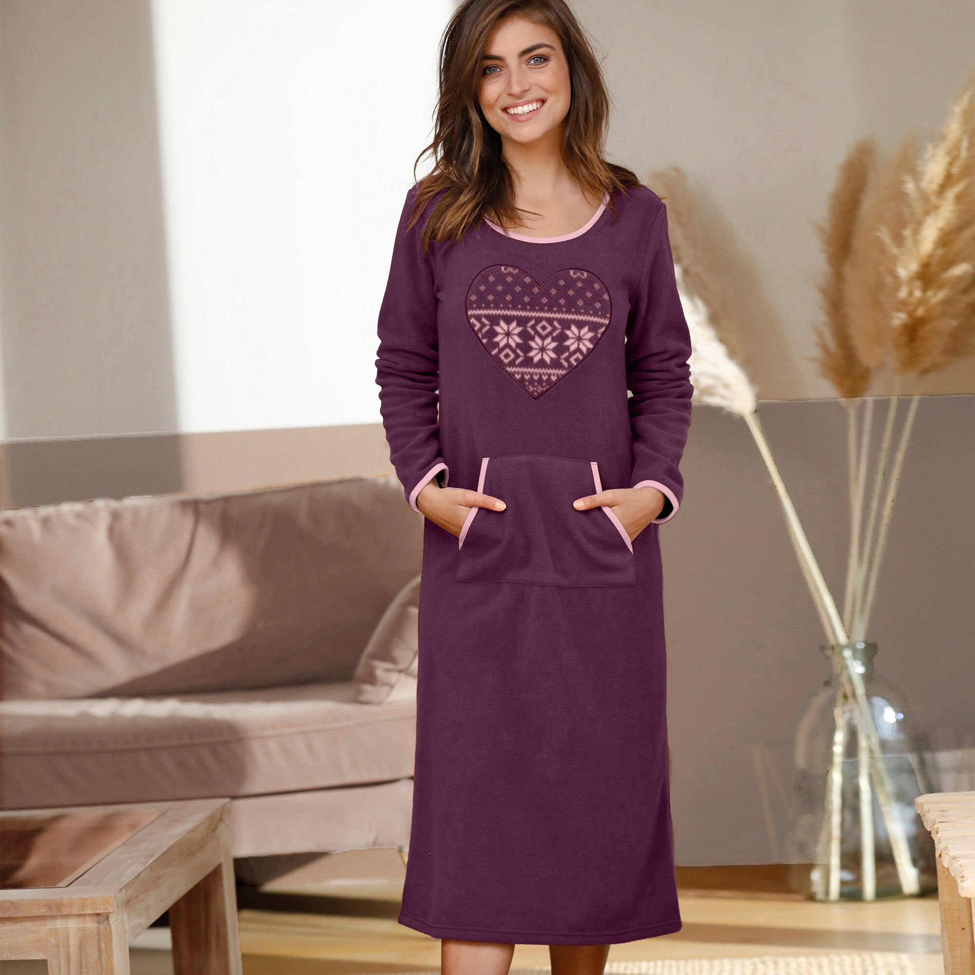 Chemise de nuit polaire imprimé coeur manches longues