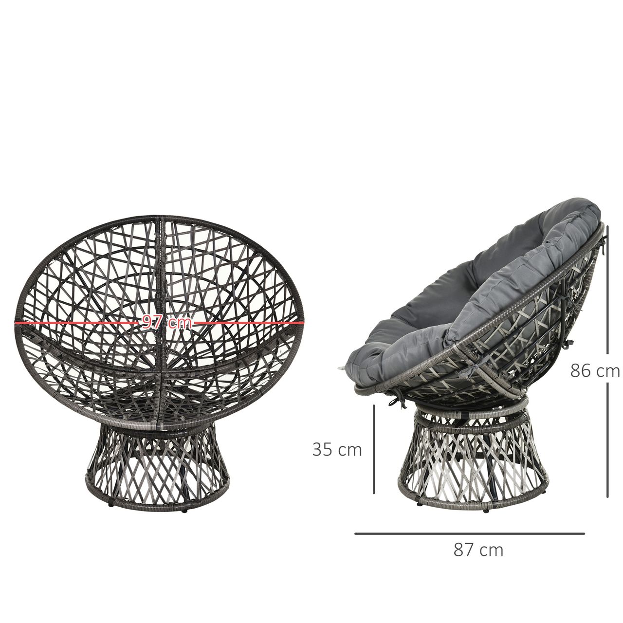 Outsunny Papasansessel Korbsessel Sessel mit Polster 360 Grad Rattan Grau