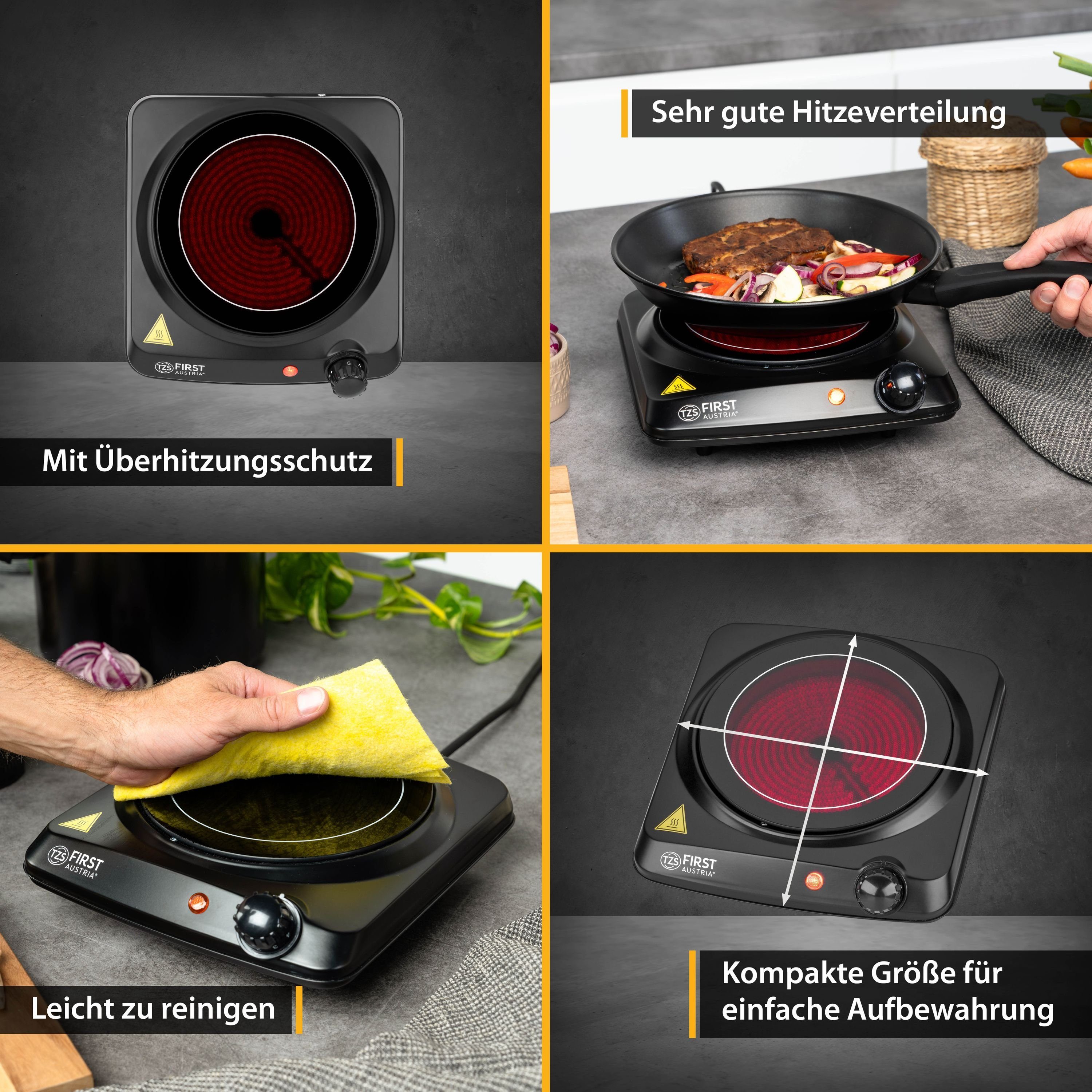 TZS FIRST AUSTRIA Doppelkochplatte Einzelkochplatte 1200W, Glaskeramik, Kochplatte, Herdplatte Camping, 1200W, stufenloser Temperaturregelung, mobile Kochplatte, 17,5 cm
