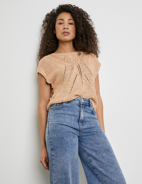 Kurzarmpullover mit transparentem Ajoursmuster