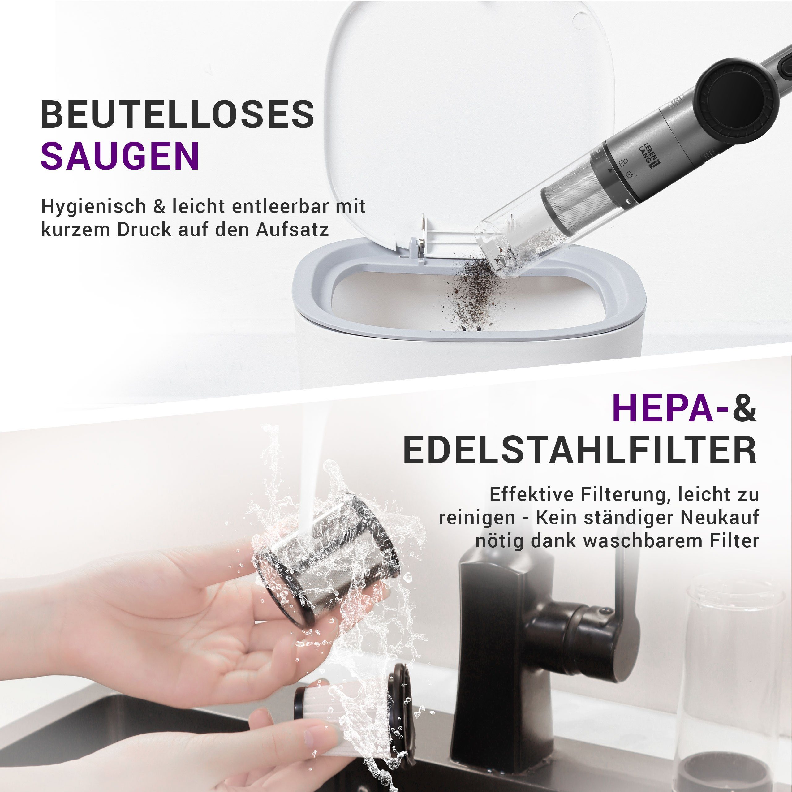 Lebenlang Akku-Handstaubsauger LBL2305, 135,00 W, Beutellos, 17000PA, Zwei Modi Option, Innovatives Display, Viel Zubehör