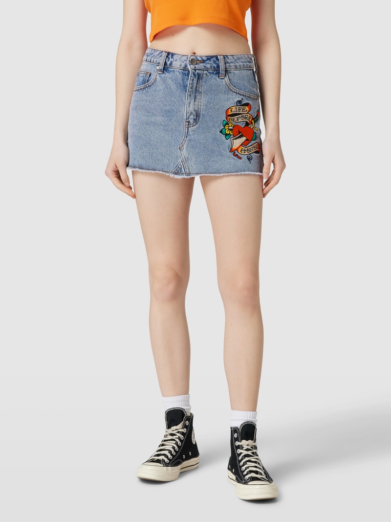 Jeansrock mit Motiv-Stitching Modell 'LIFE-BEFORE' in jeans