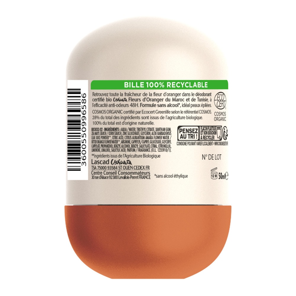 ushuaïa Ushuaia Bio Déodorant Bille 48h Certifié Bio à la Fleur d'Oranger