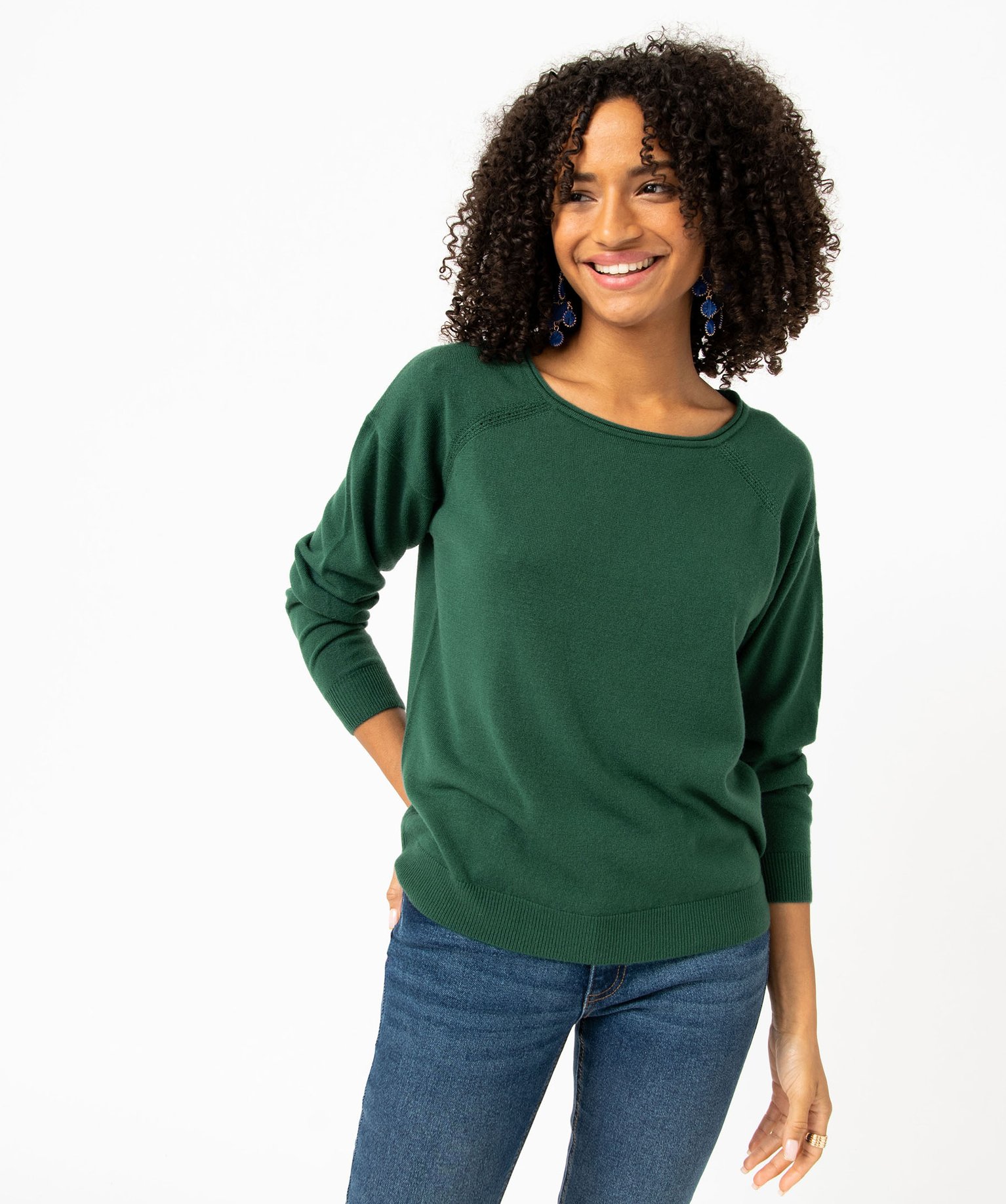 Pull à col rond finitions roulottées femme vert | GEMO