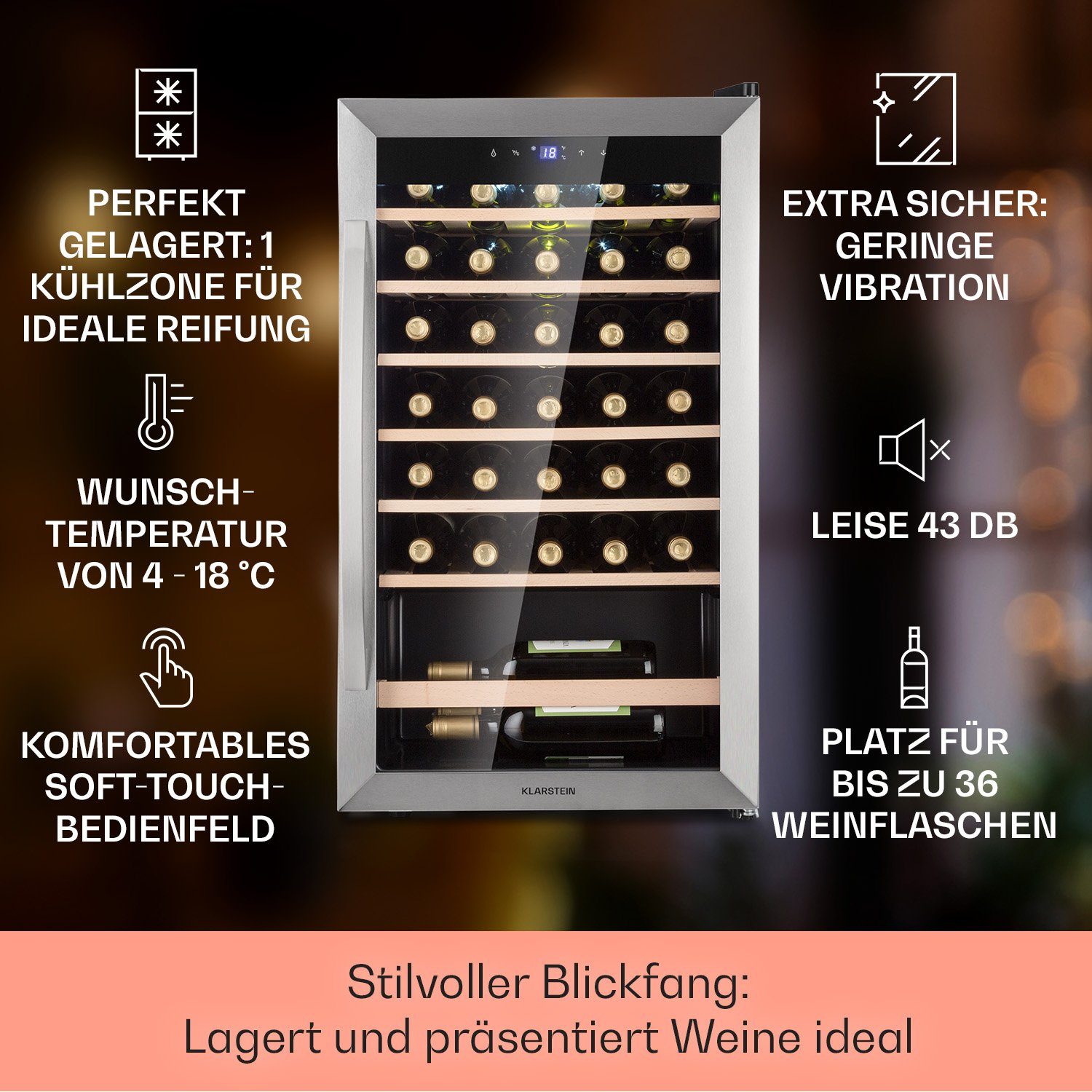 Klarstein Weinkühlschrank Vinamour 32 Uno, für 36 Standardflaschen á 0,75l,Wein Flaschenkühlschrank Weintemperierschrank Weinschrank Kühlschrank