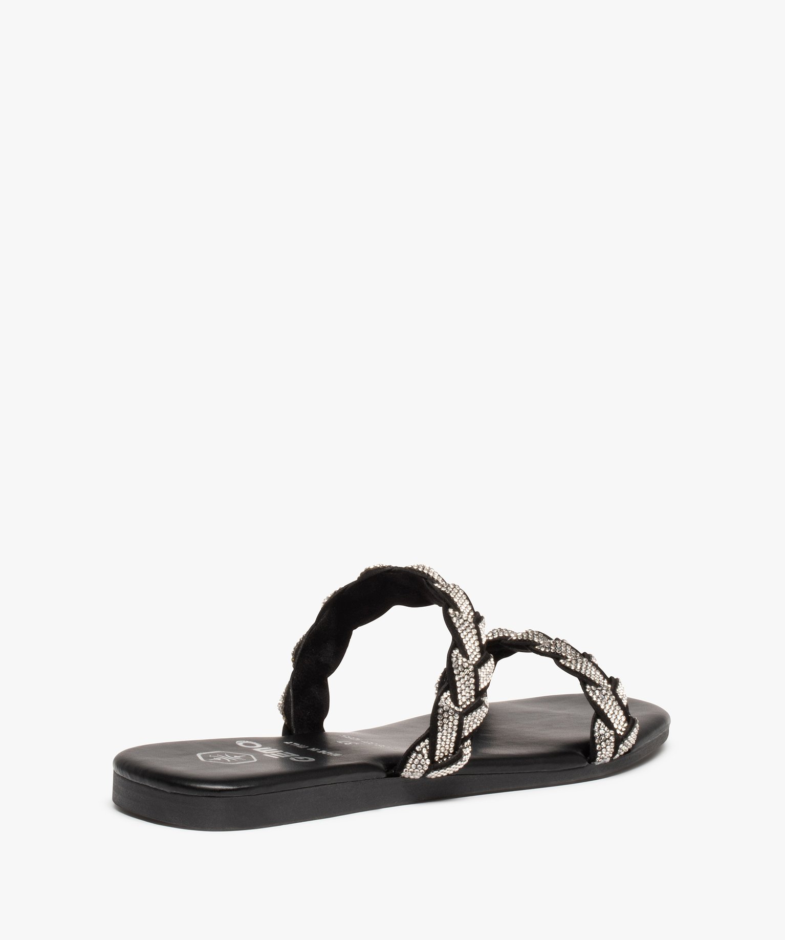 Mules femme à talon plat et brides strass tressées noir | GEMO