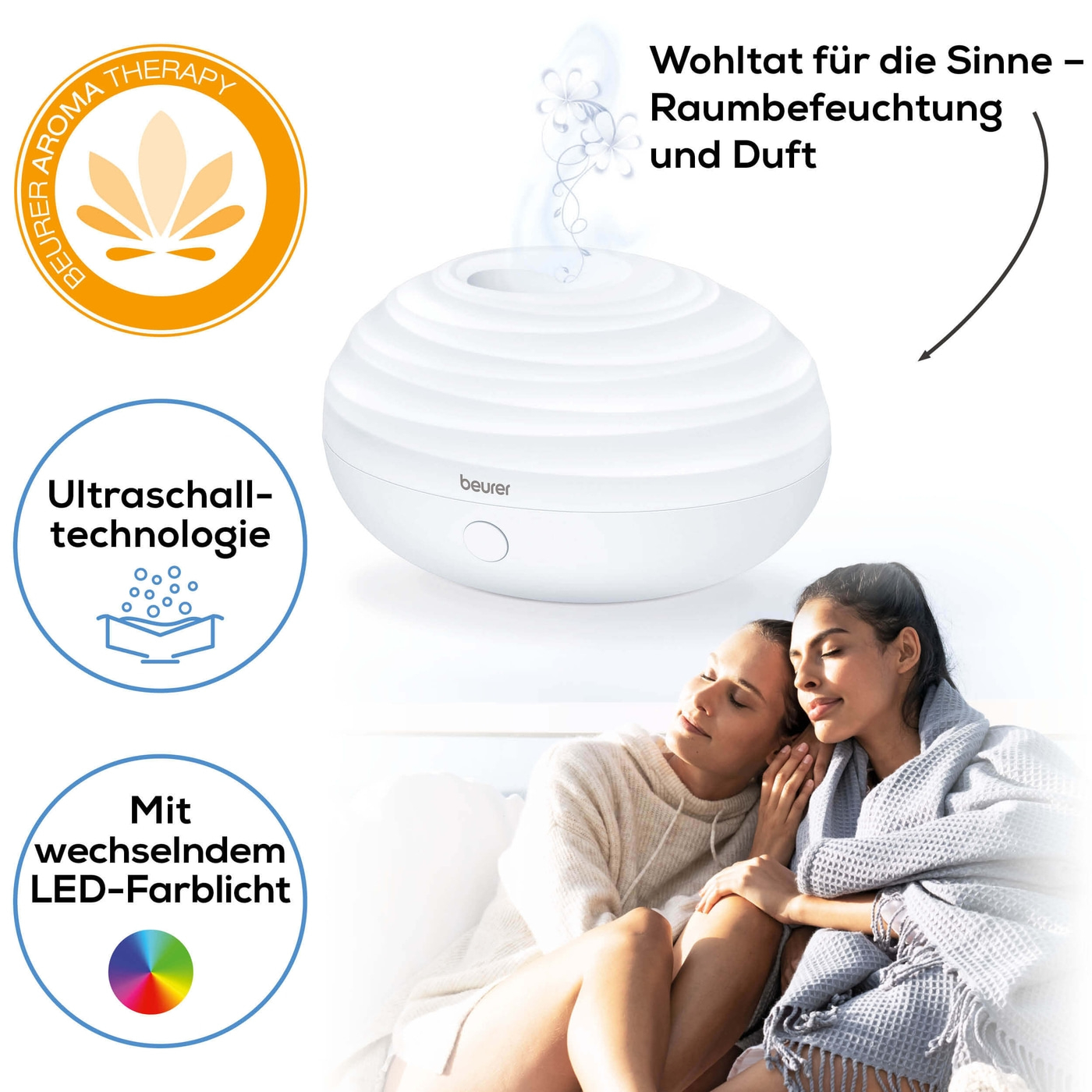 Beurer Aroma Diffuser LA 20-Mobiler Diffuser mit LED-Farblicht für Duft & Raumbefeuchtung bis 10 m²