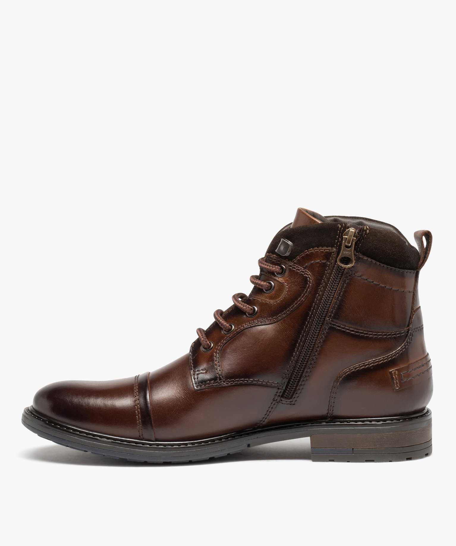 Boots homme dessus en cuir uni à zip et à lacets marron | GEMO
