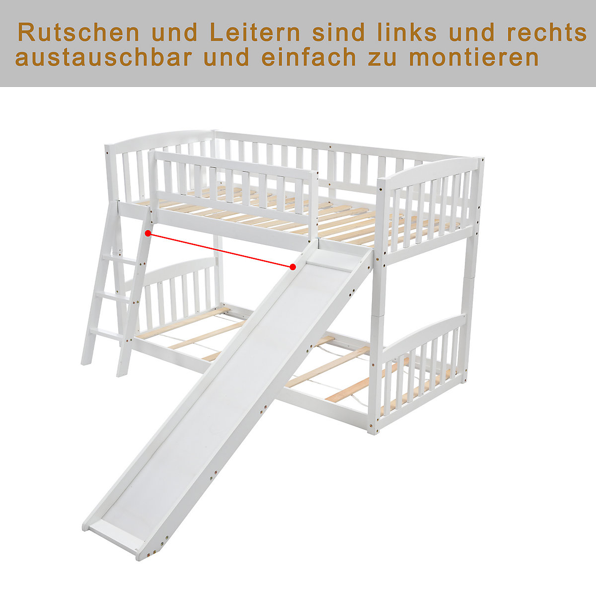 Etagenbett mit Rutsche, Niedriger Kinderbett Etagenbettrahmen Massives Kiefernbett 90 x 200 cm