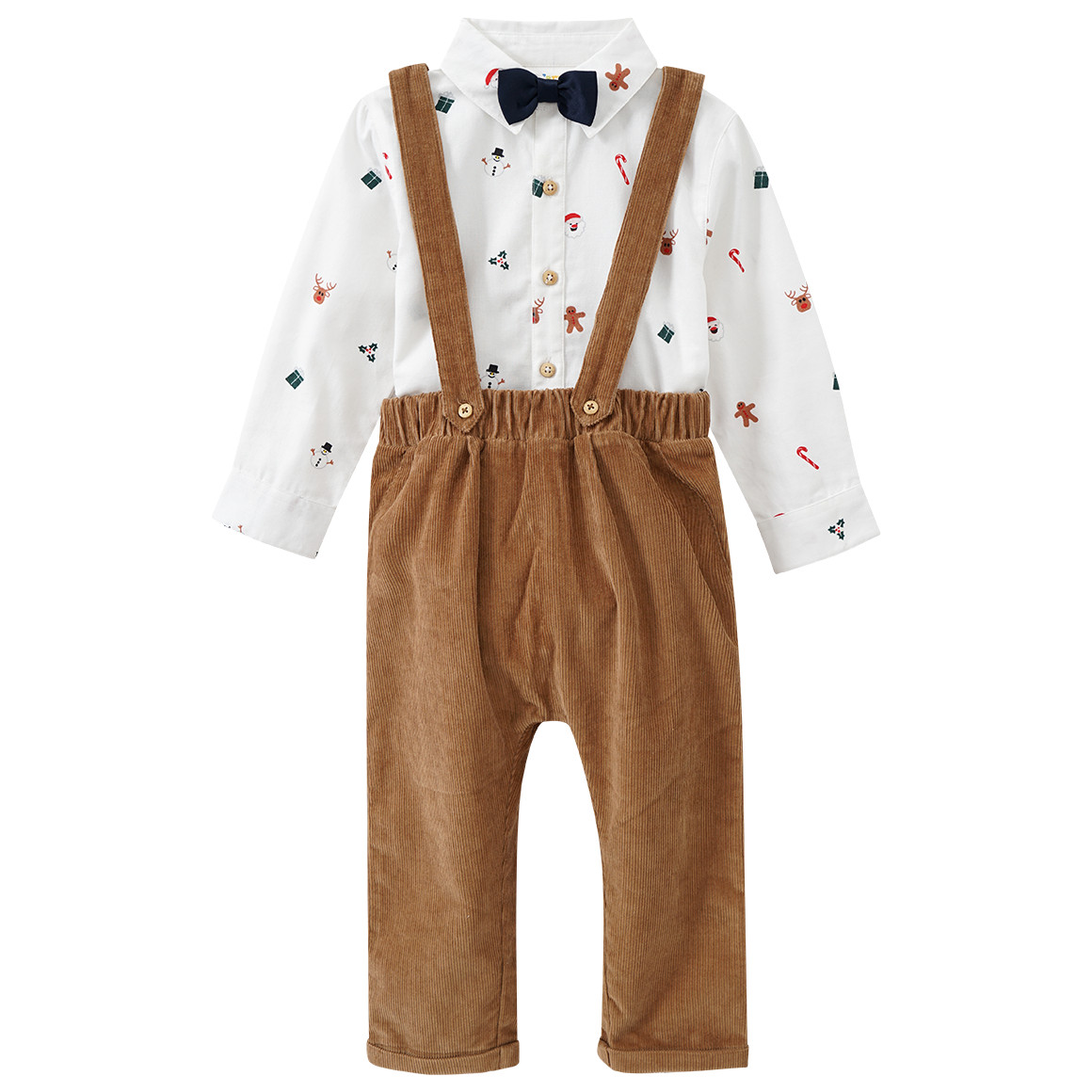 Baby Weihnachtslatzhose und Hemd im Set weiss / hellbraun