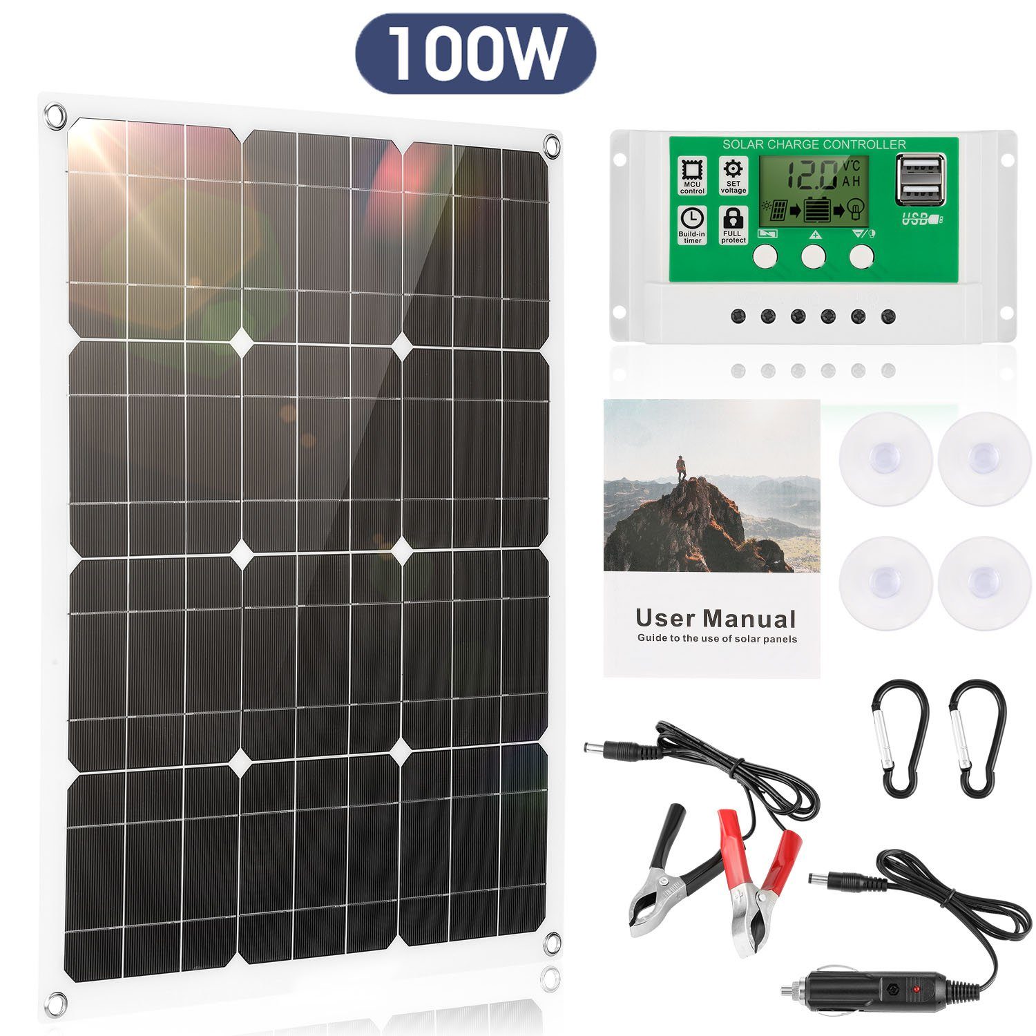 oyajia Solarmodul 100W Solarpanel 100A Solar Ladegerät Kit, Solaranlage Balkonkraftwerk, IP65 Wasserdichte Solargenerator mit 12V Solarladeregler
