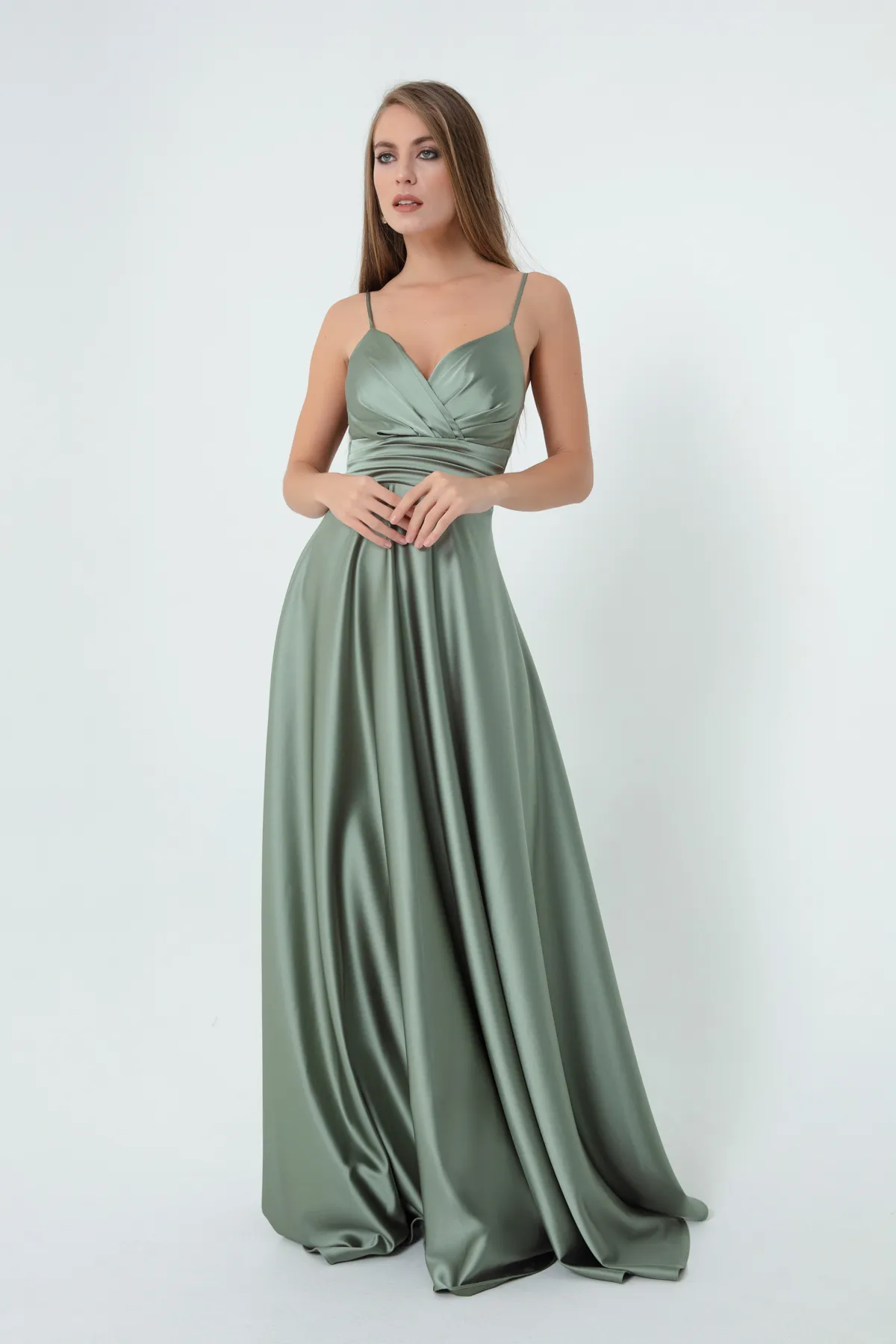 Lafaba  Mintgrünes langes Abendkleid und Abschlusskleid aus Satin mit Seilriemen und Taillengürtel für Damen