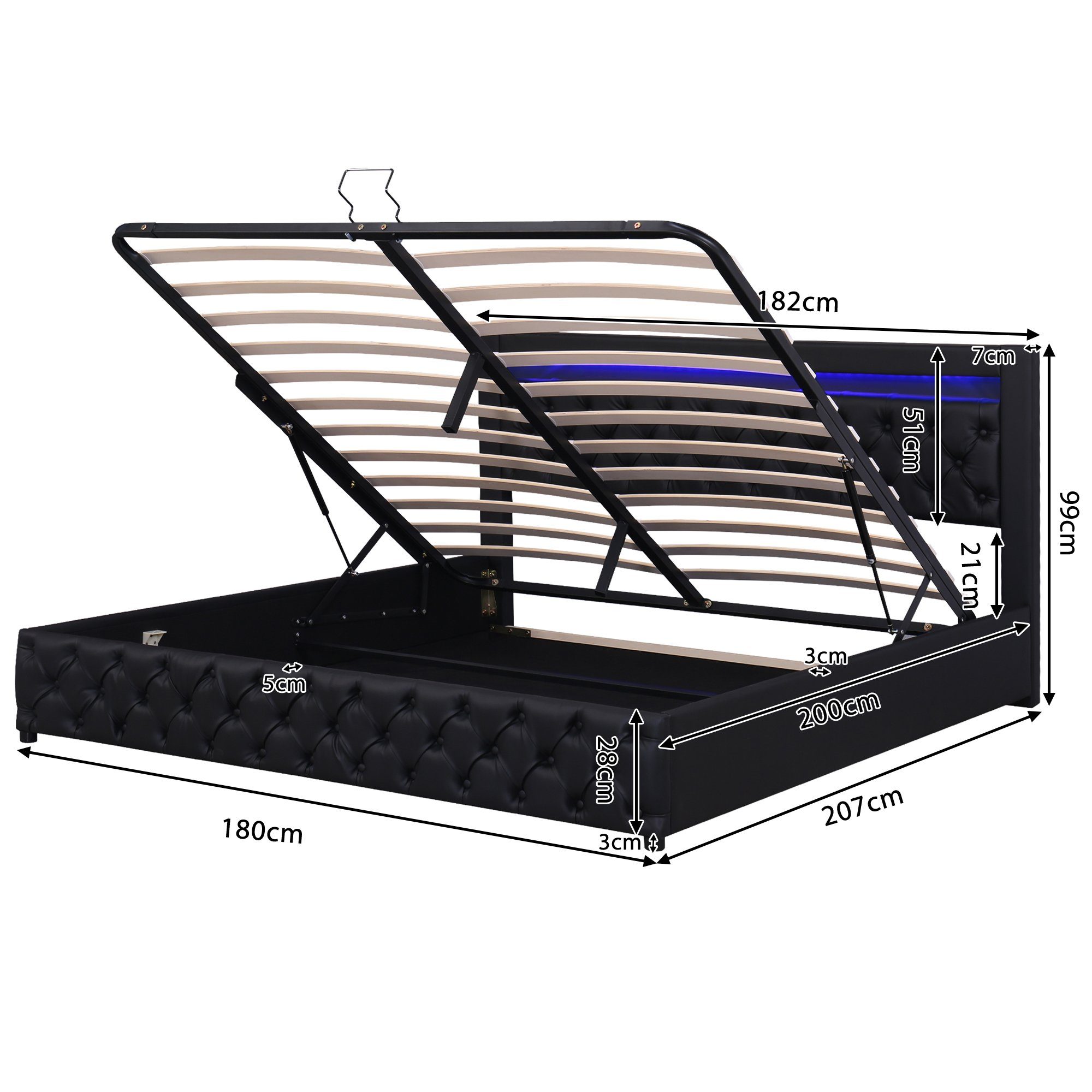 HAUSS SPLOE Polsterbett Polsterbett Funktionsbett Doppelbett Bettrahmen Bettgestelle (Kunstleder, Hydraulisch 140 x 200 cm/180 x 200 cm), Funktionsbett mit Lattenrost und Stauraum, Mit LED-Beleuchtung