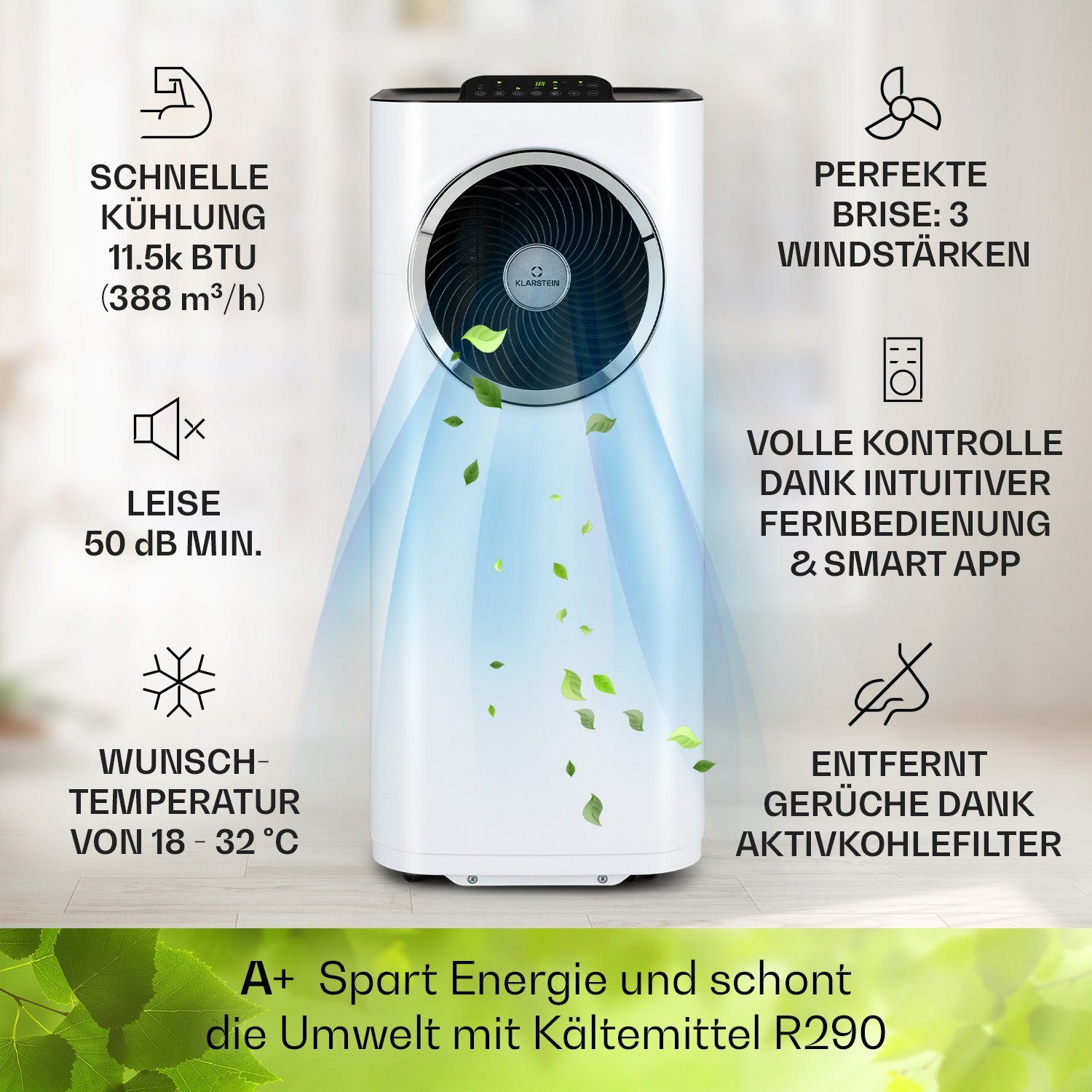 Klarstein Klimagerät Kraftwerk Eco Smart 11, Klimagerät mobil klimaanlage Air Conditioner Kühlgerät Luftkühler