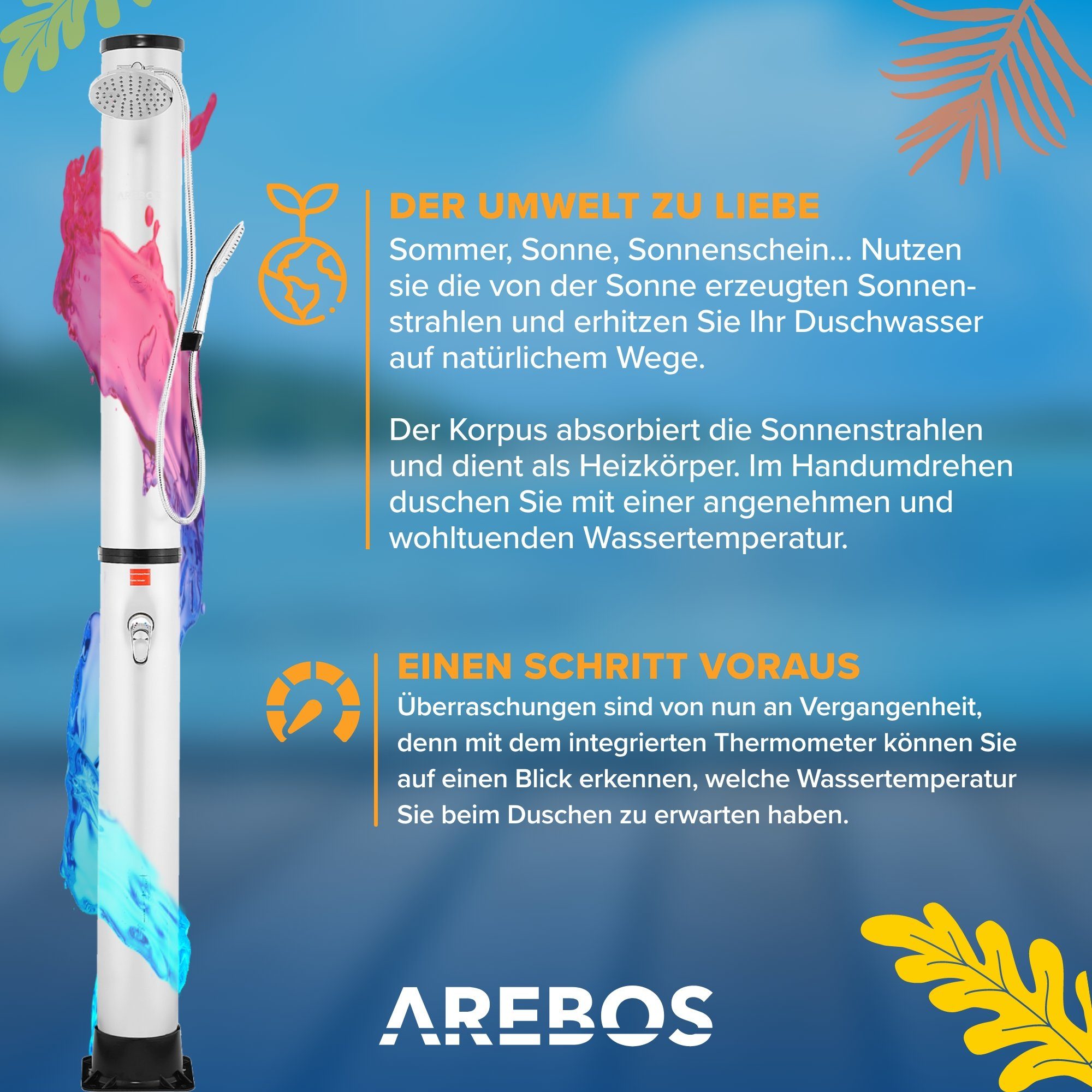 Arebos Solardusche 40 L, inkl. Abdeckhaube, mit integriertem Thermometer (Silber, Stück)