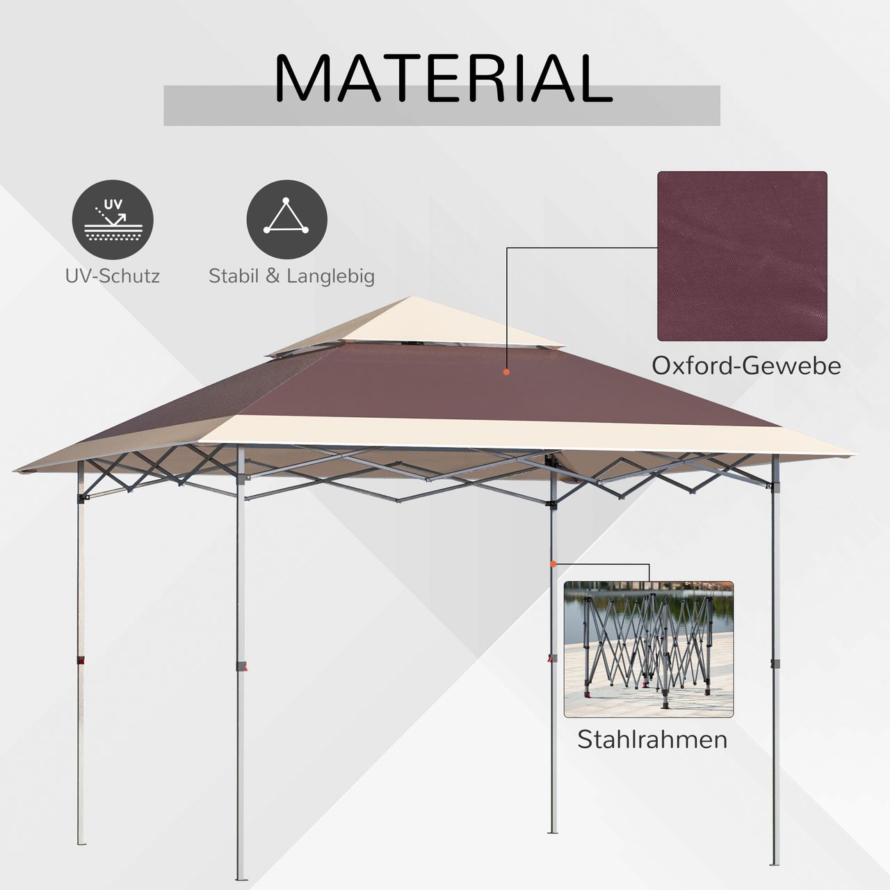 Outsunny Faltpavillon Pop-Up-Zelt Gartenpavillon Rollentasche Oxford-Gewebe 3,6 x 3,6 m Dunkelbraun   khaki