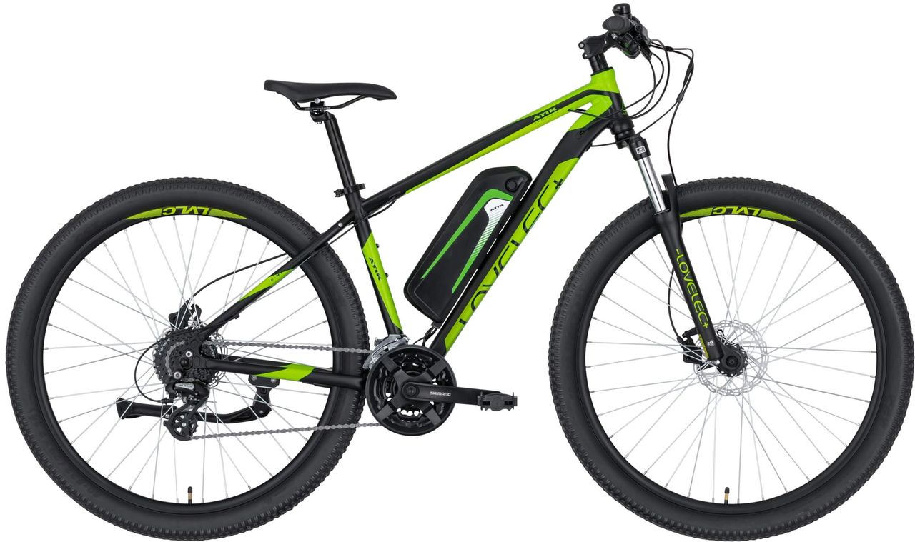 LOVELEC Atik Schwarz grün E-Bike 17 Zoll Rahmen 29 Zoll Reifen 90km 25km/h Akku mit Scheibenbremse