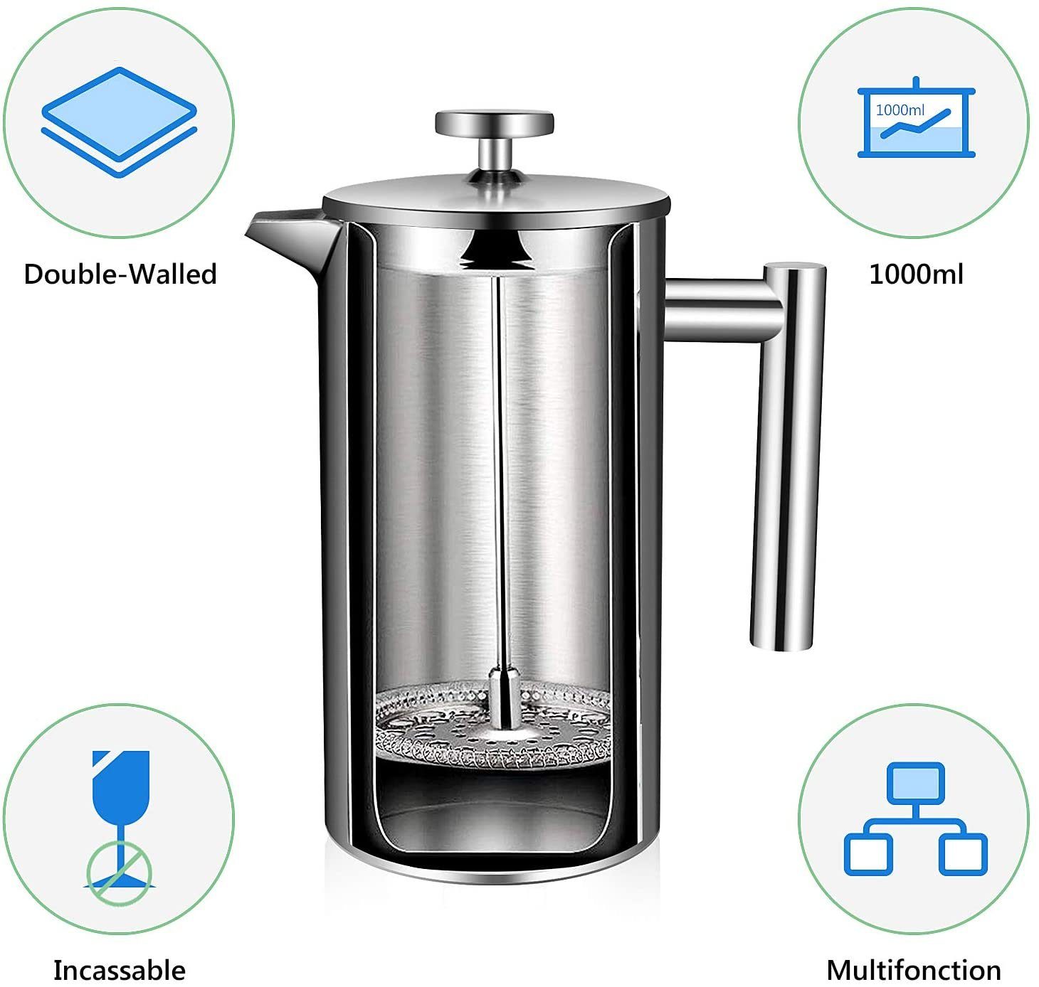 OZAVO Kaffeebereiter OZ230, 6 Edelstahl-Filter Φ9.5cm, Kaffeekanne, 1L Doppelwandig French Press System, Doppelwandig Edelstahl Kaffepresse