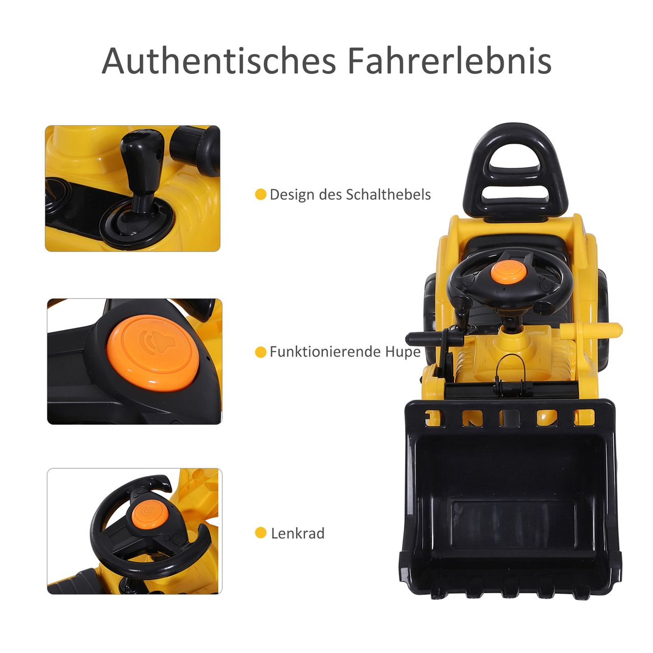 HOMCOM Sitzbagger mit eingebautem Ablagefach Kinder Rutscher Bagger mit Hupe