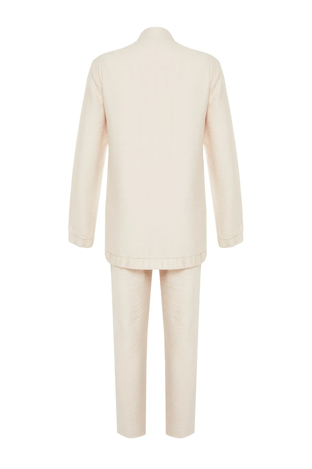 Trendyol Modest  Beigefarbenes Set mit gewebten Hosen, Tunika, Oberteil und Unterteil in Leinenoptik TCTSS24US00016