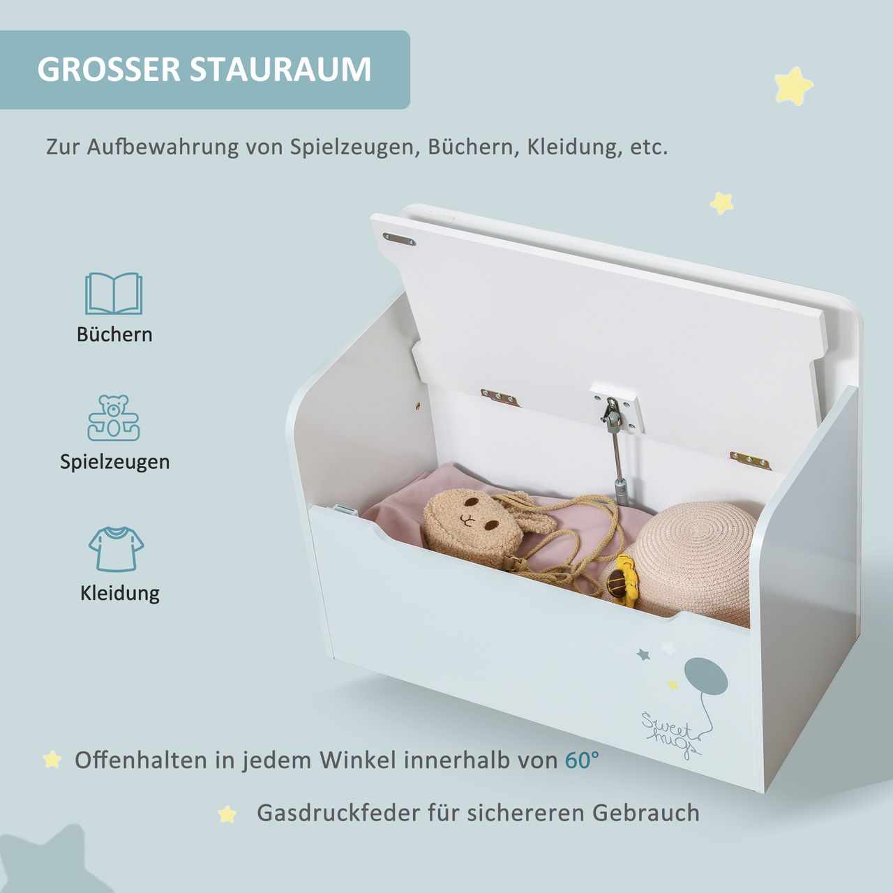 HOMCOM Kindersitzbank mit Stauraum 2-in-1 Truhenbank Spielzeugkiste Aufbewahrungstruhe 3-8 Jahre Kindermöbel Hellblau 60 x 30 x 50 cm