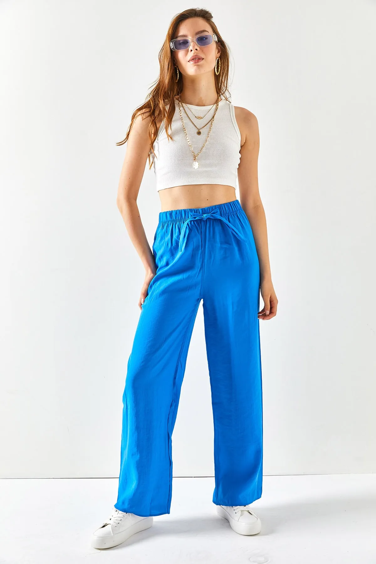 Olalook  Damen-Palazzo-Ayrobin-Hose mit Gürtel und elastischem Bund von Saks in Blau, PNT-19000200
