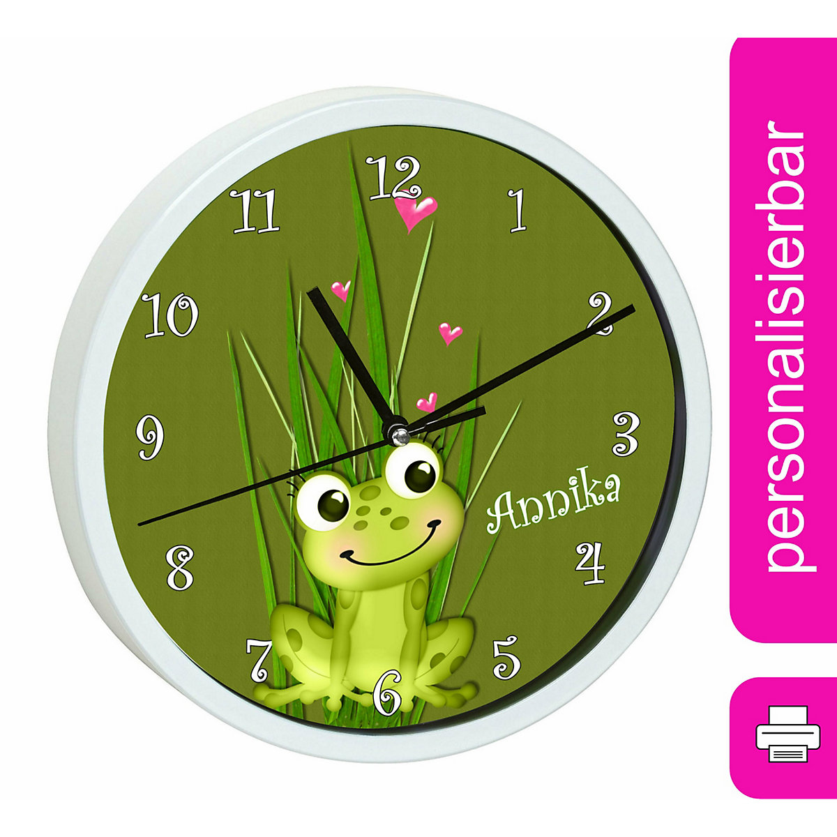 Kinder Wanduhr laufruhig personalisiert mit Name Frosch-Graß