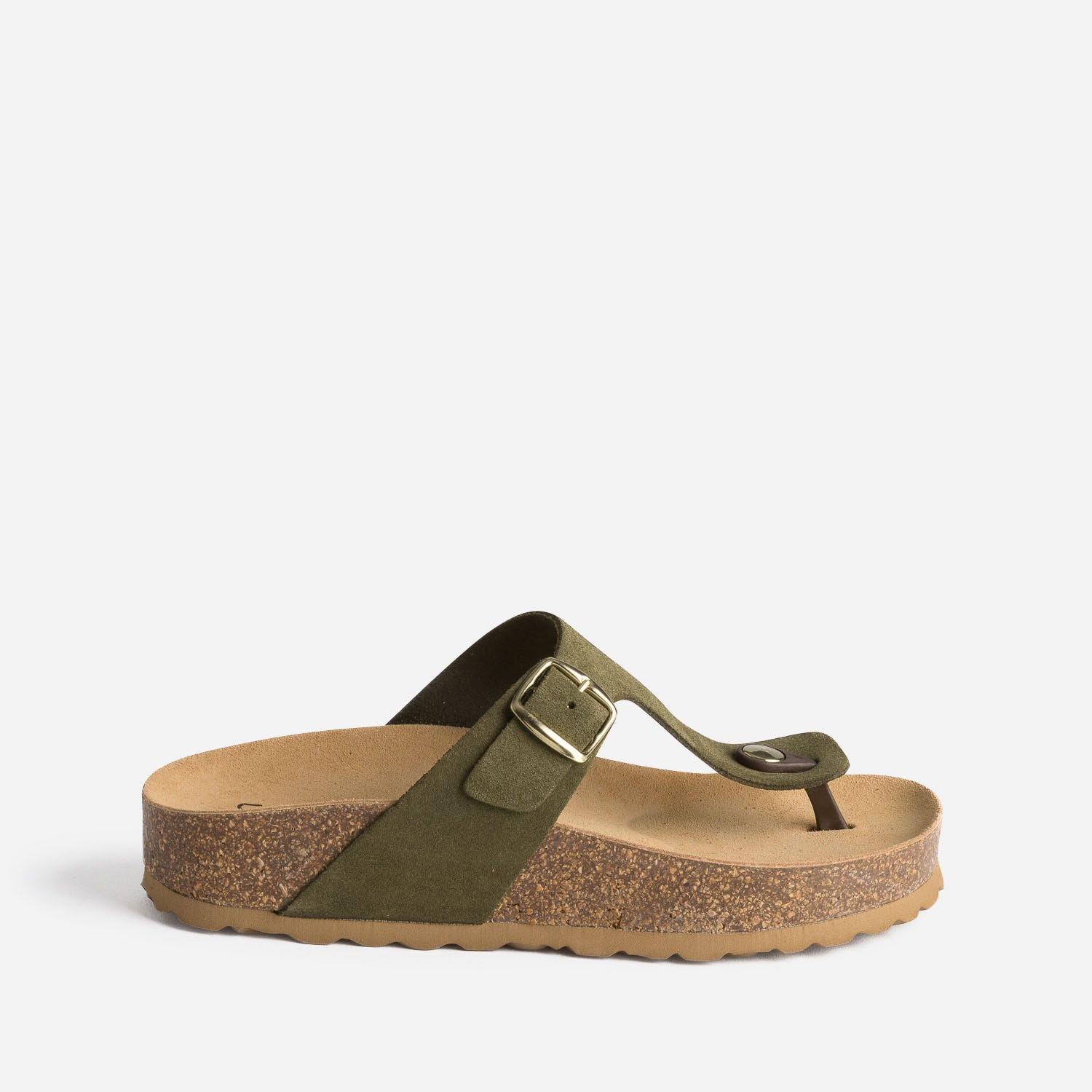 Tong anatomique kaki en cuir velours à plateforme