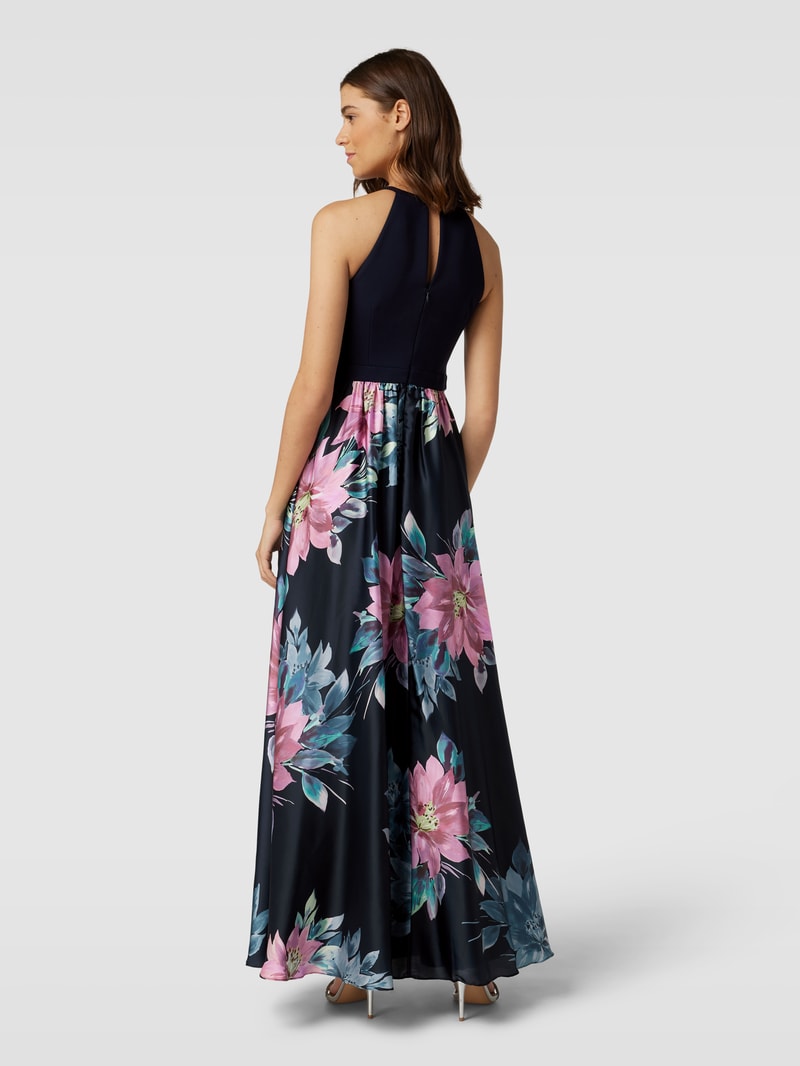 Abendkleid mit floralem Muster in marineblau meliert